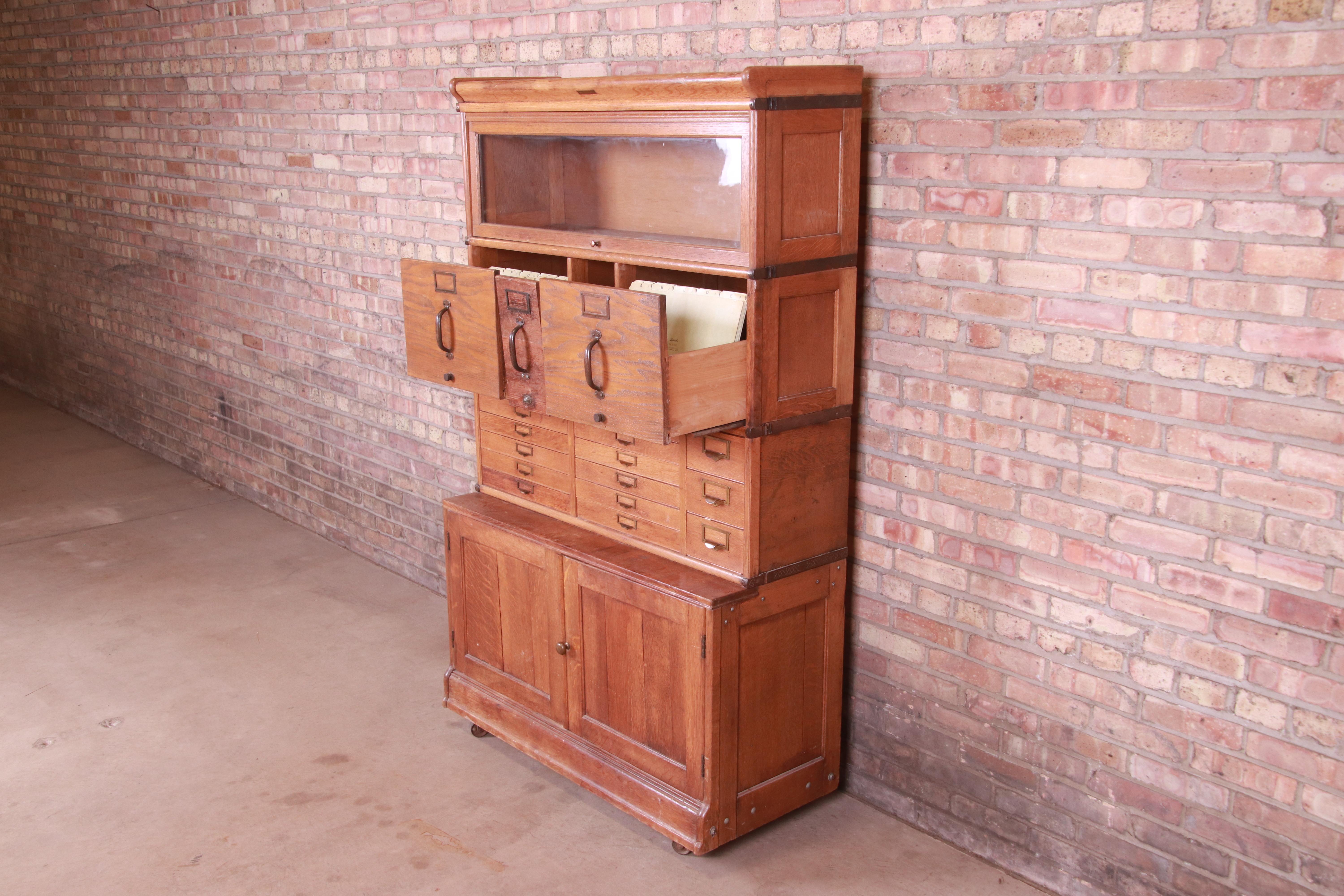 Antique Oak 18-Drawer Card Catalog File Cabinet with Barrister Bookcase, 1920s 6
