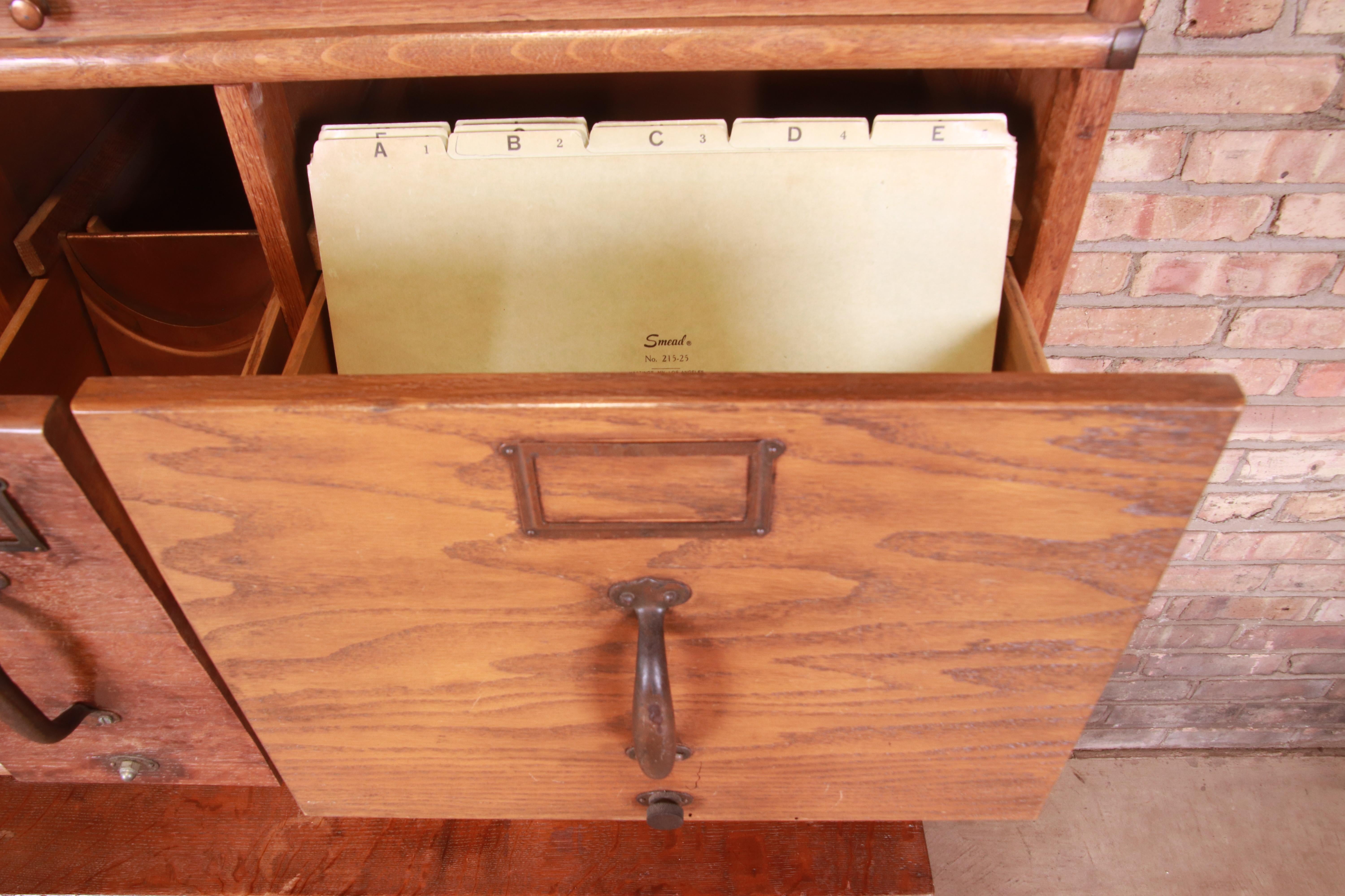 Antique Oak 18-Drawer Card Catalog File Cabinet with Barrister Bookcase, 1920s 7