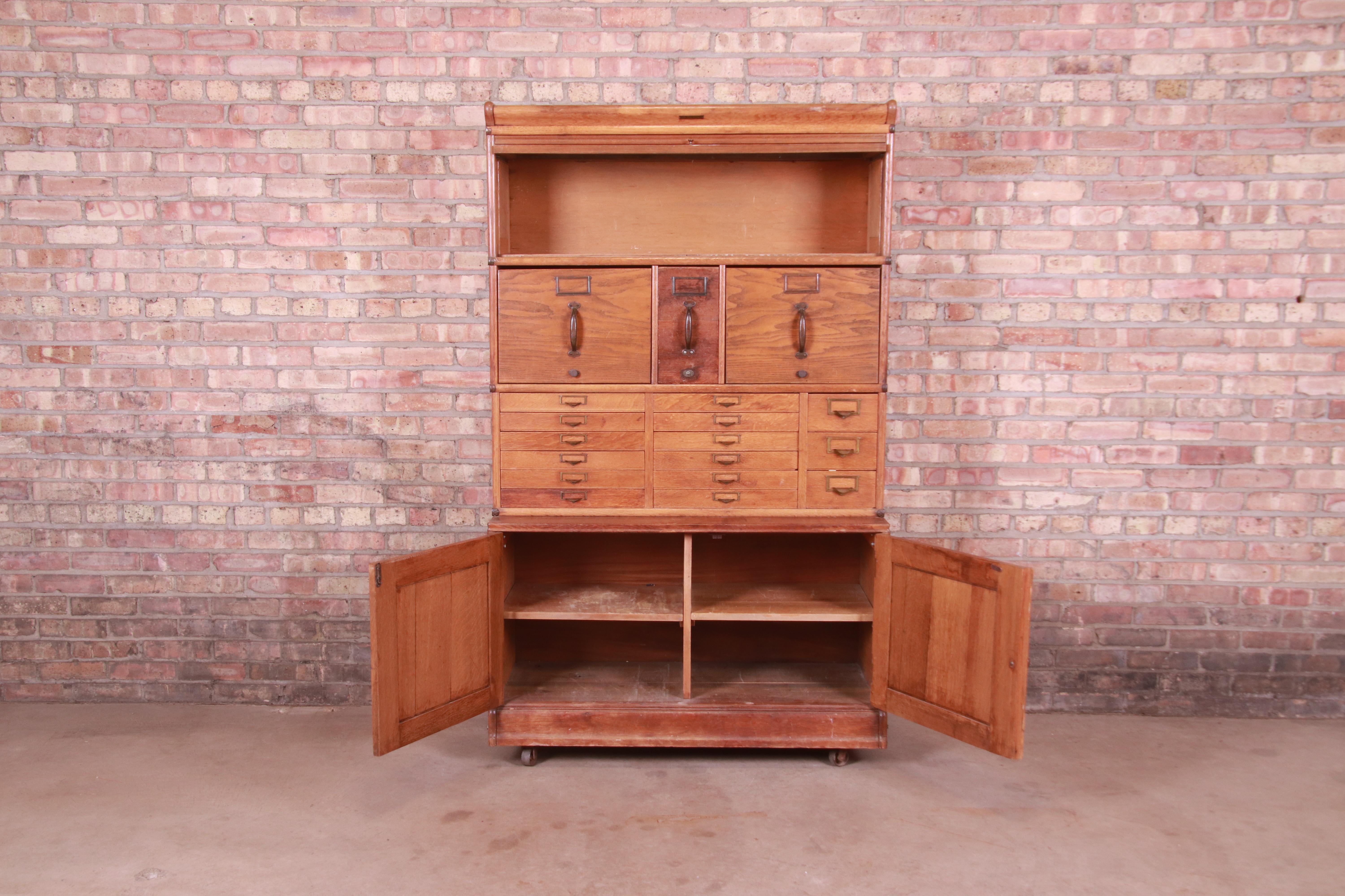 Antique Oak 18-Drawer Card Catalog File Cabinet with Barrister Bookcase, 1920s 8