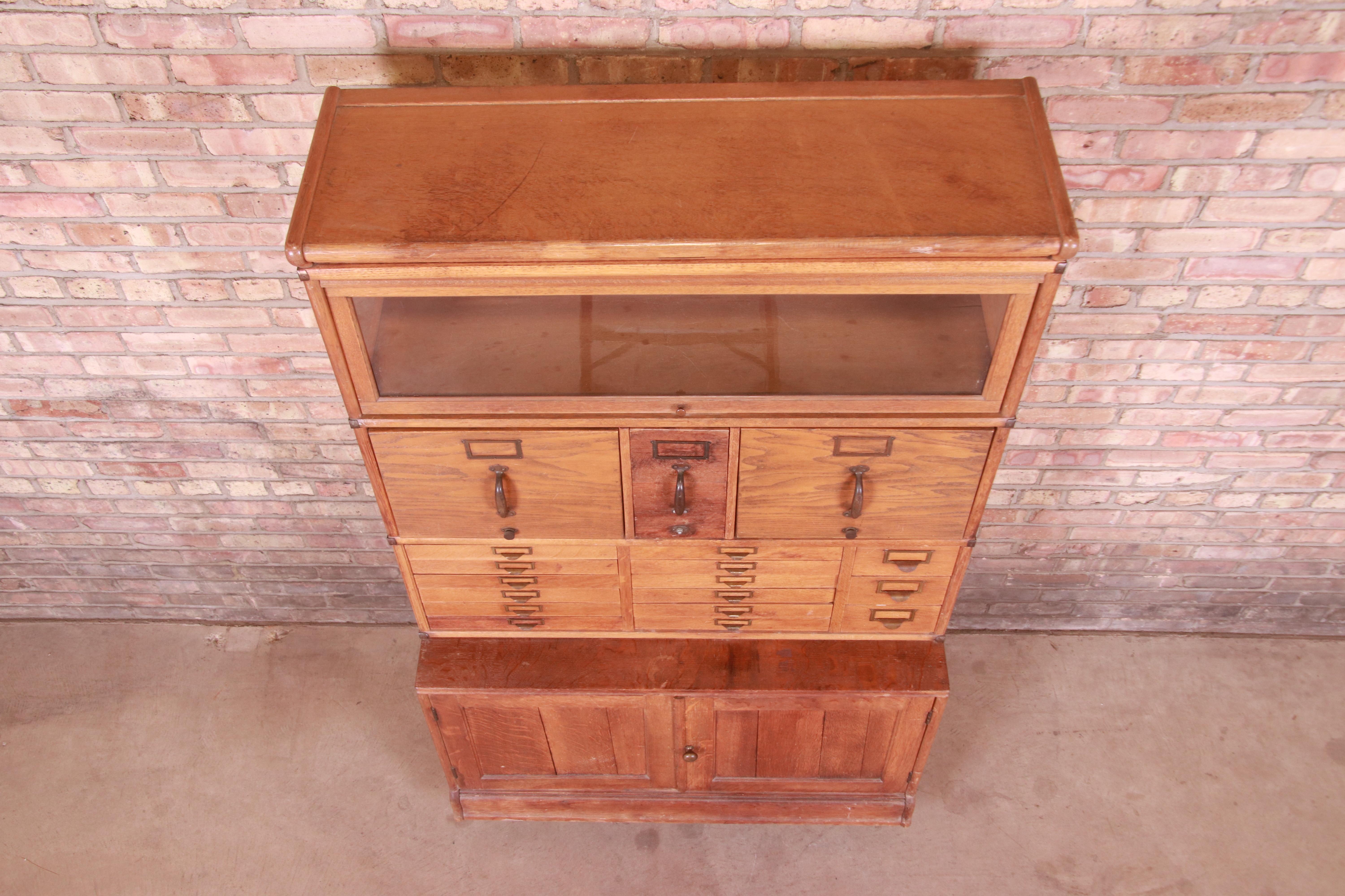 Antique Oak 18-Drawer Card Catalog File Cabinet with Barrister Bookcase, 1920s 9