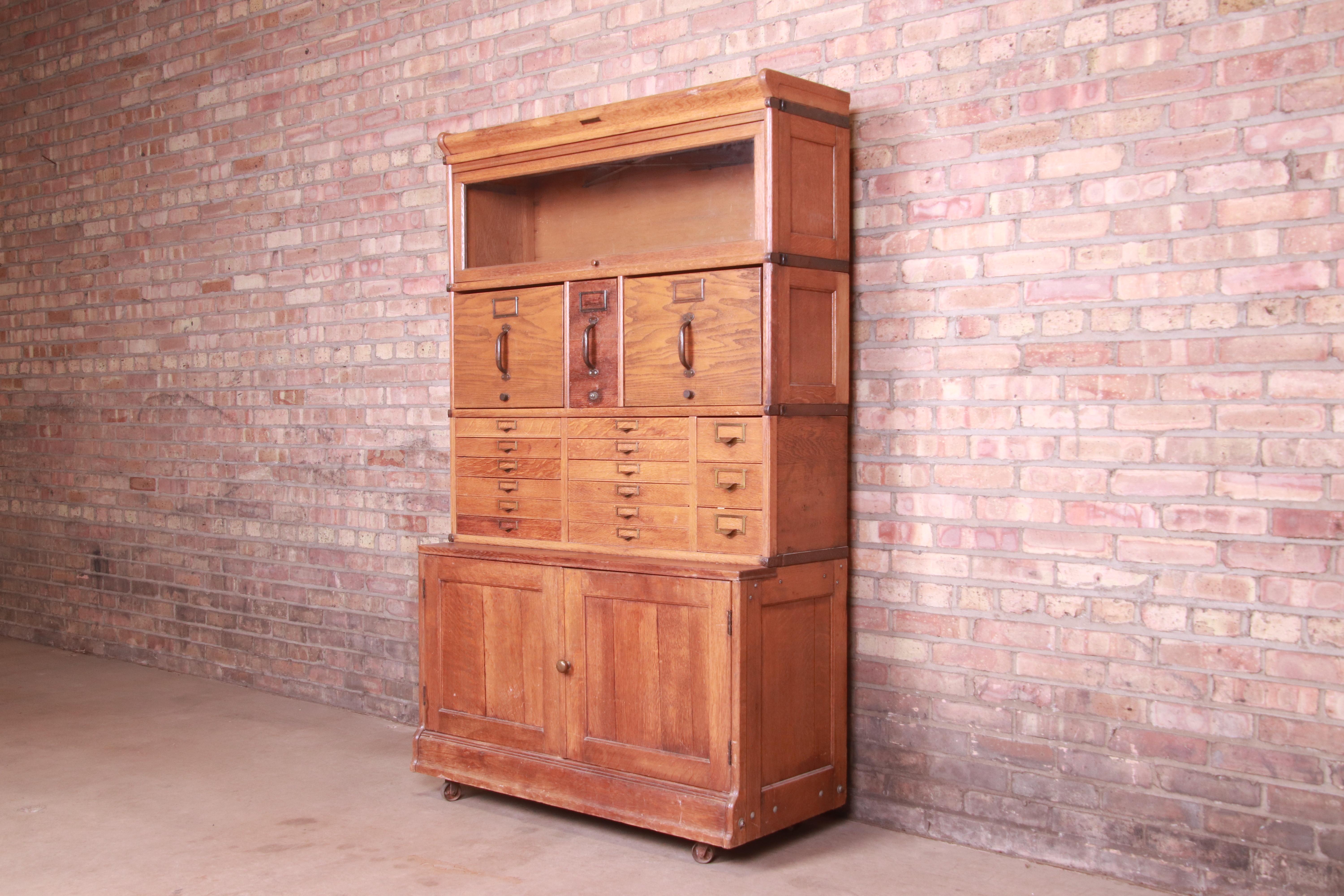 Arts and Crafts Antique Oak 18-Drawer Card Catalog File Cabinet with Barrister Bookcase, 1920s