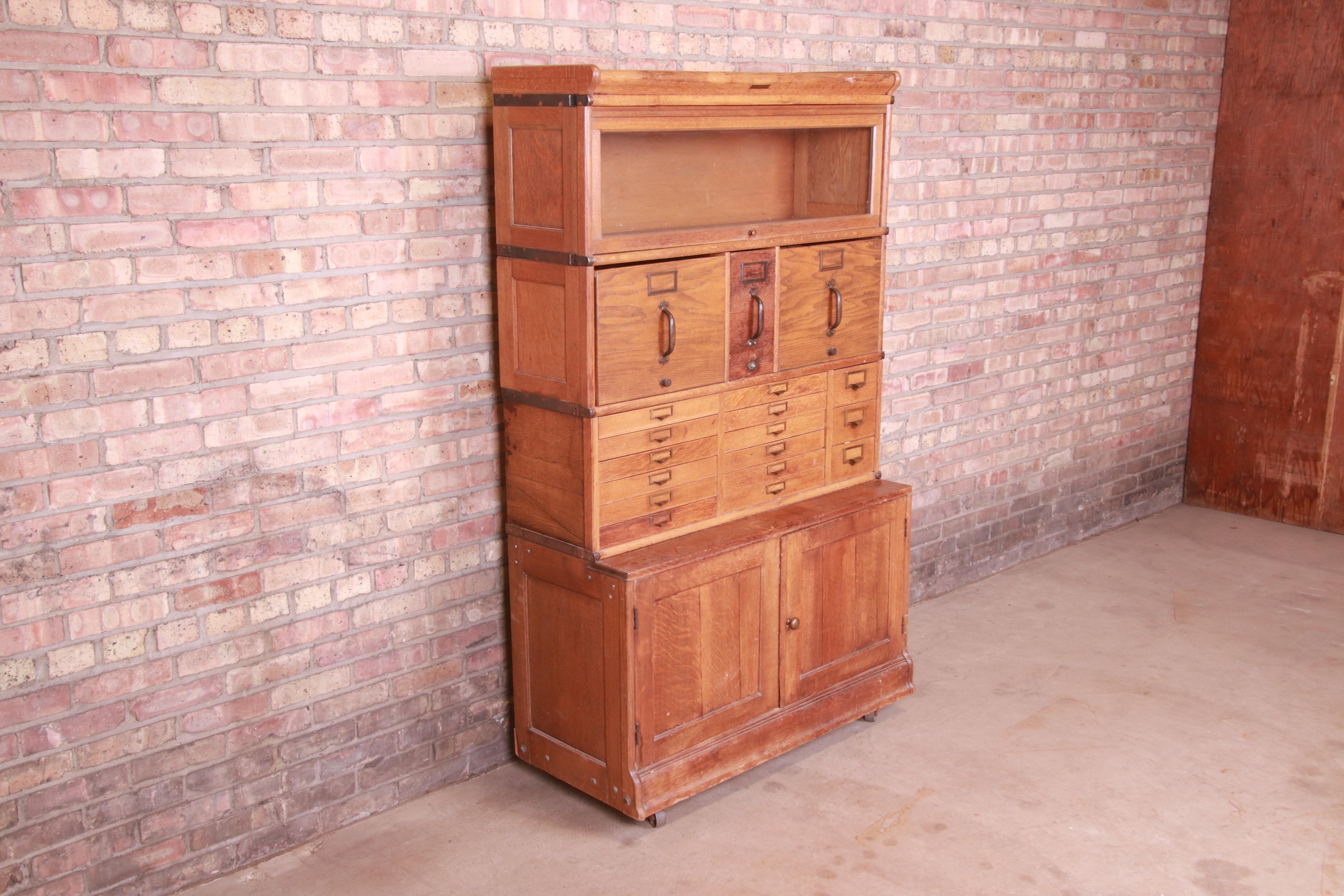Antique Oak 18-Drawer Card Catalog File Cabinet with Barrister Bookcase, 1920s In Good Condition In South Bend, IN