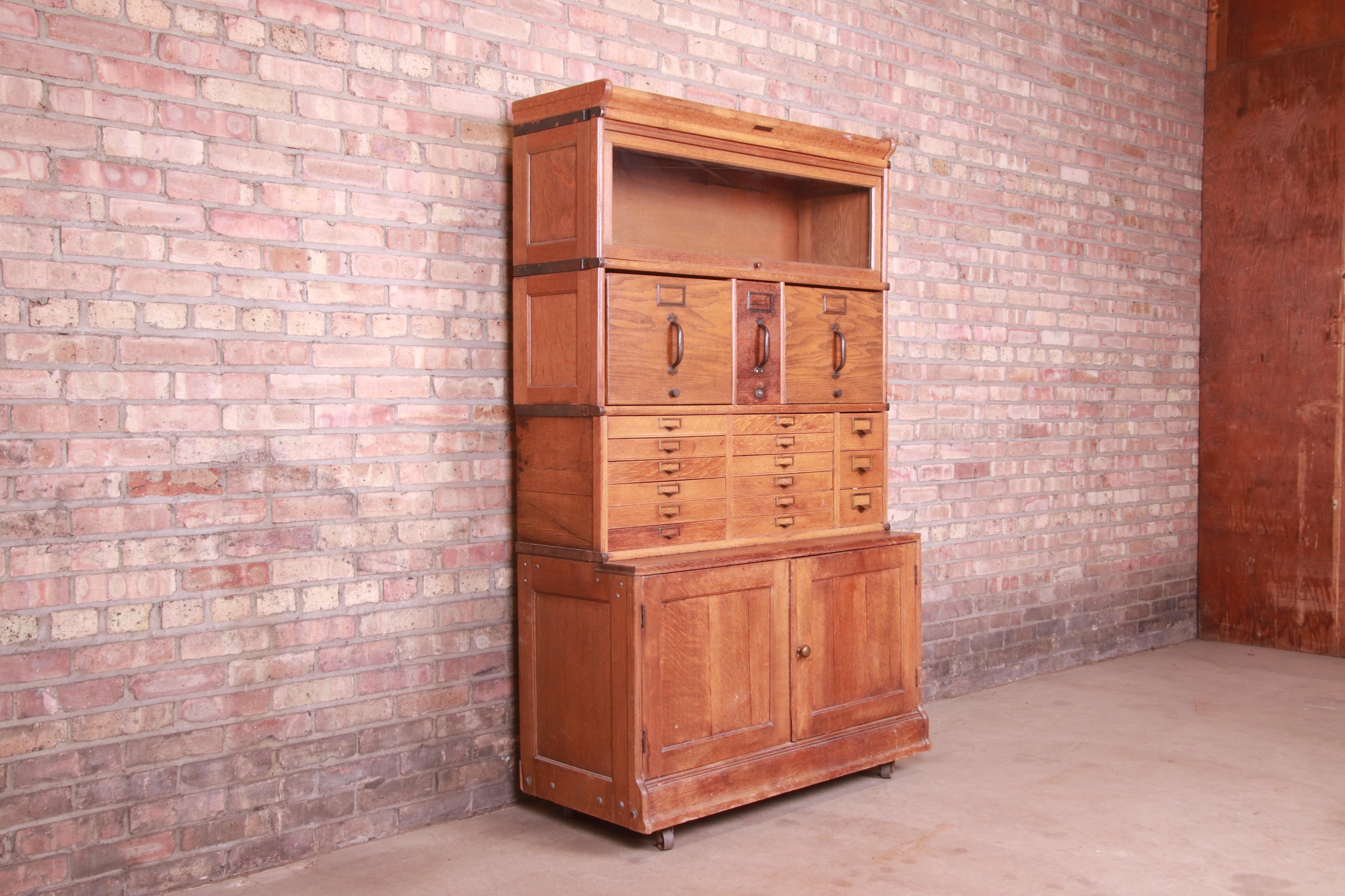 20th Century Antique Oak 18-Drawer Card Catalog File Cabinet with Barrister Bookcase, 1920s