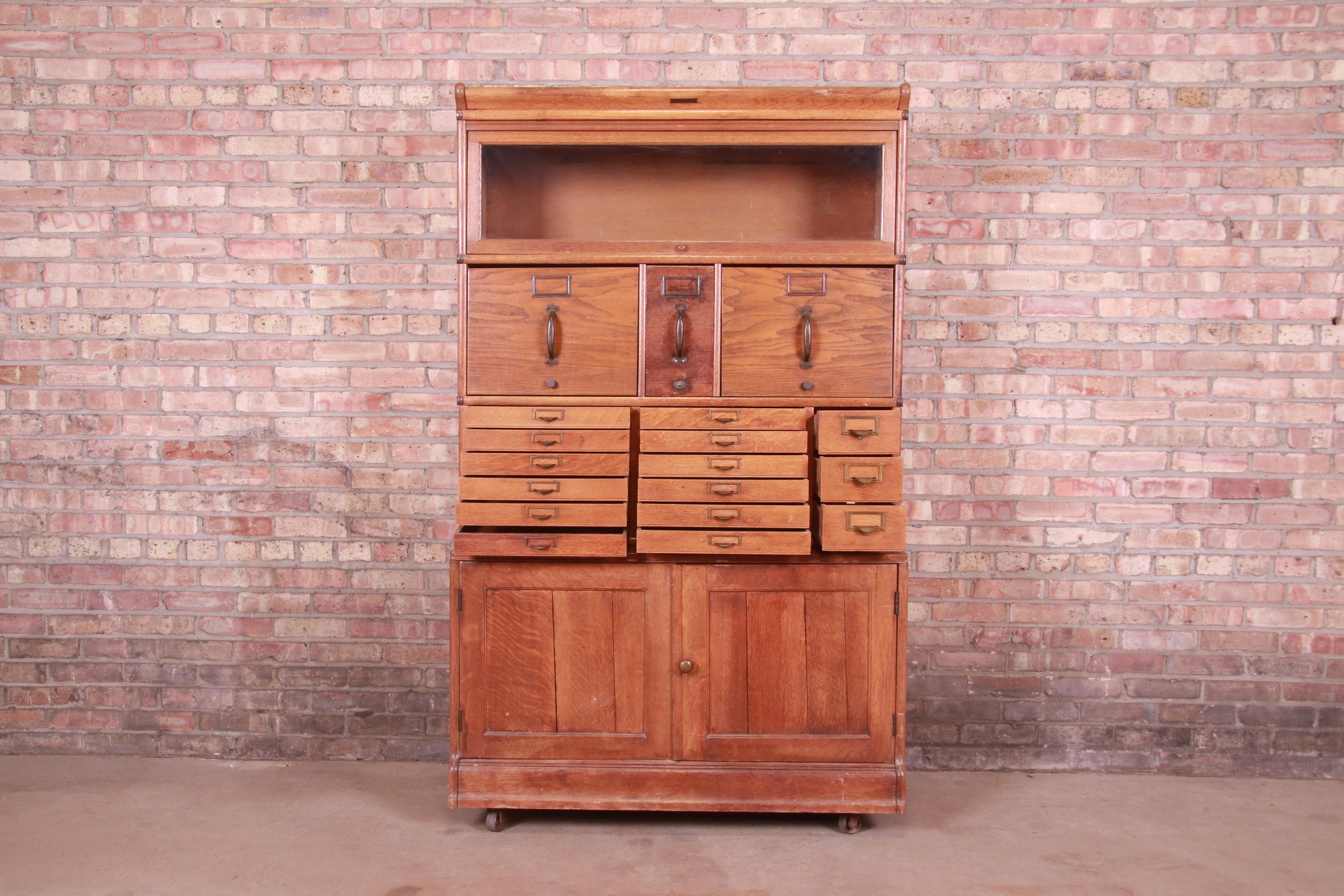 Brass Antique Oak 18-Drawer Card Catalog File Cabinet with Barrister Bookcase, 1920s