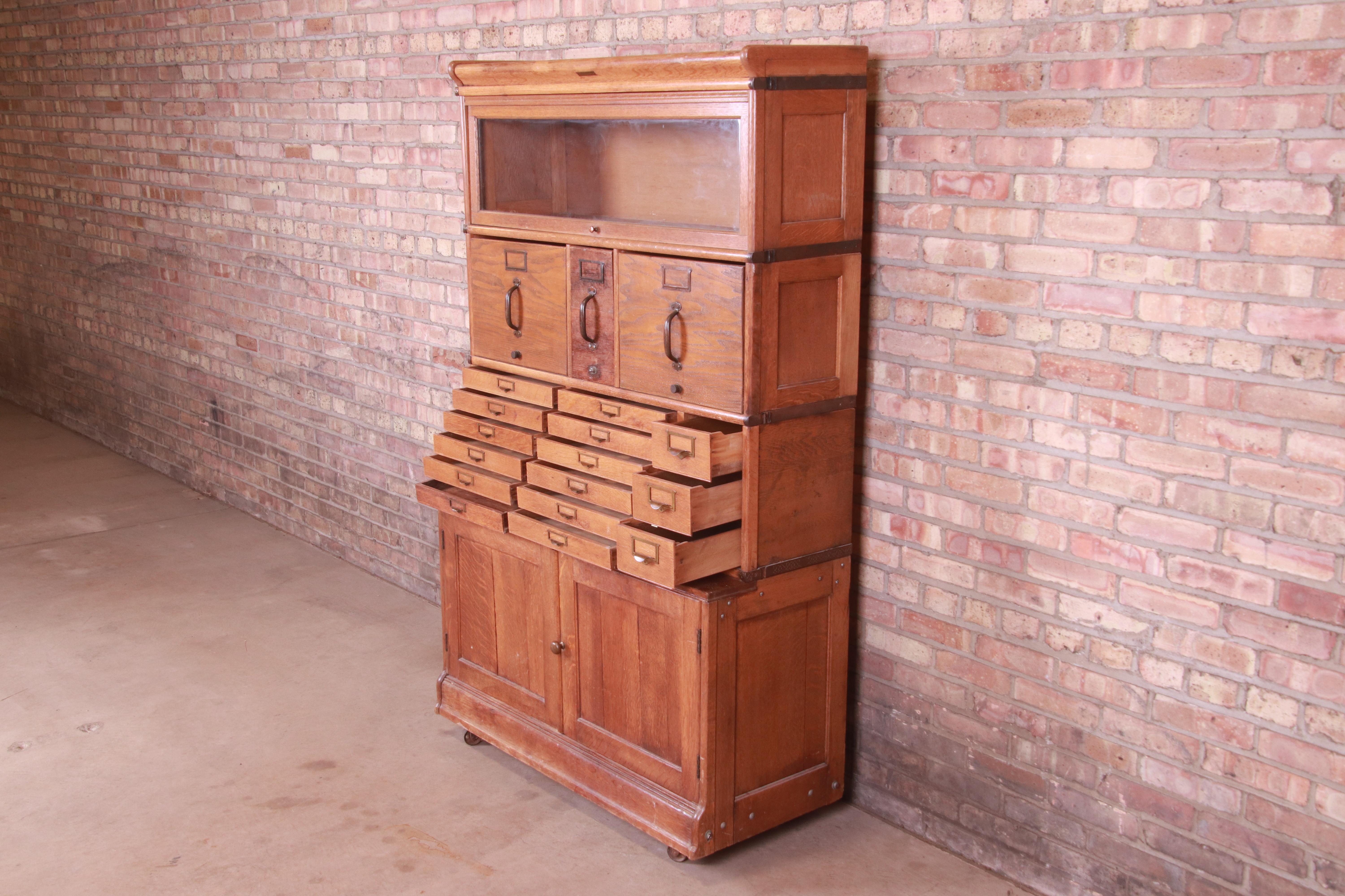 Antique Oak 18-Drawer Card Catalog File Cabinet with Barrister Bookcase, 1920s 1