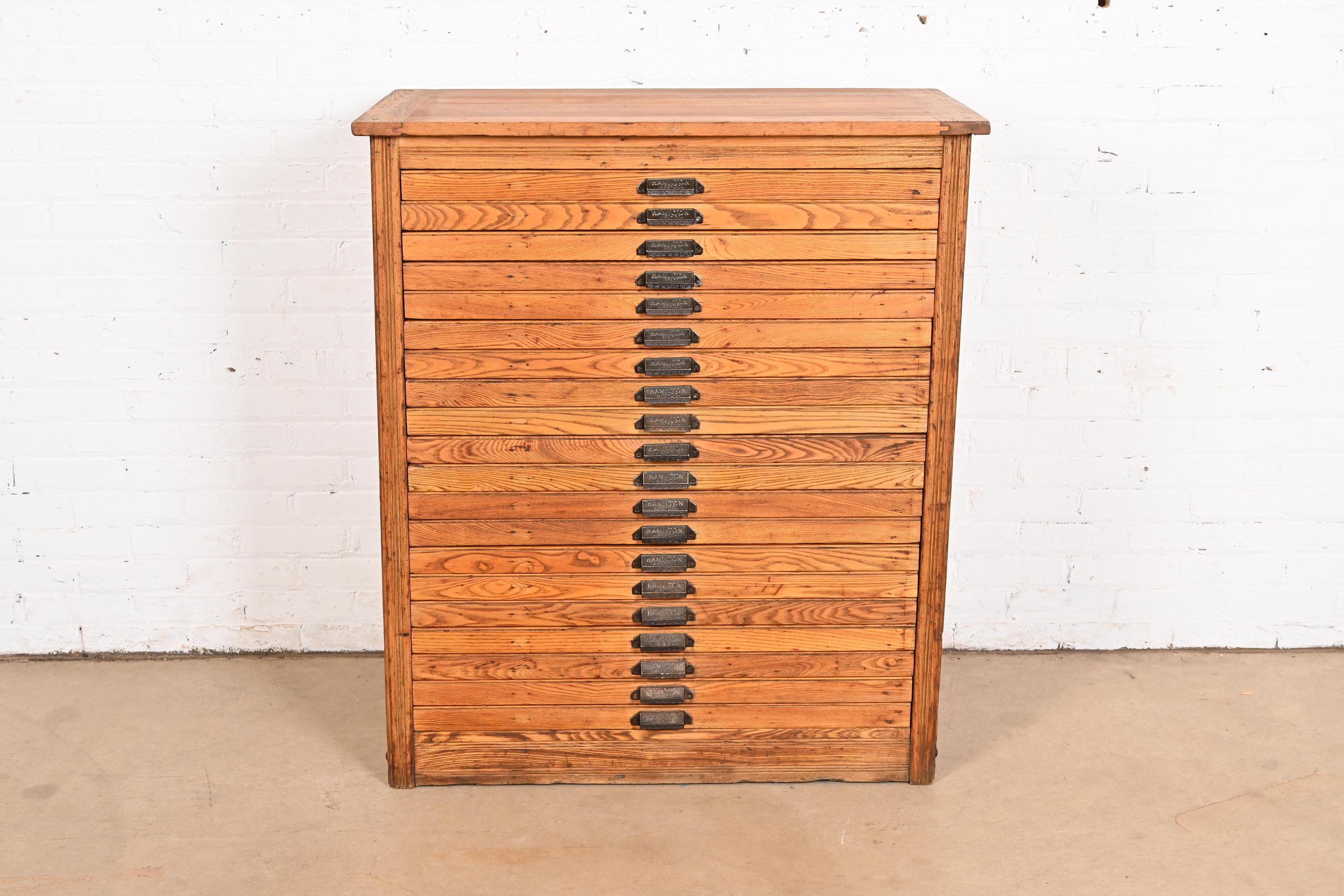 Arts and Crafts Antique Oak 20-Drawer Architect's Blueprint Flat File Cabinet by Hamilton