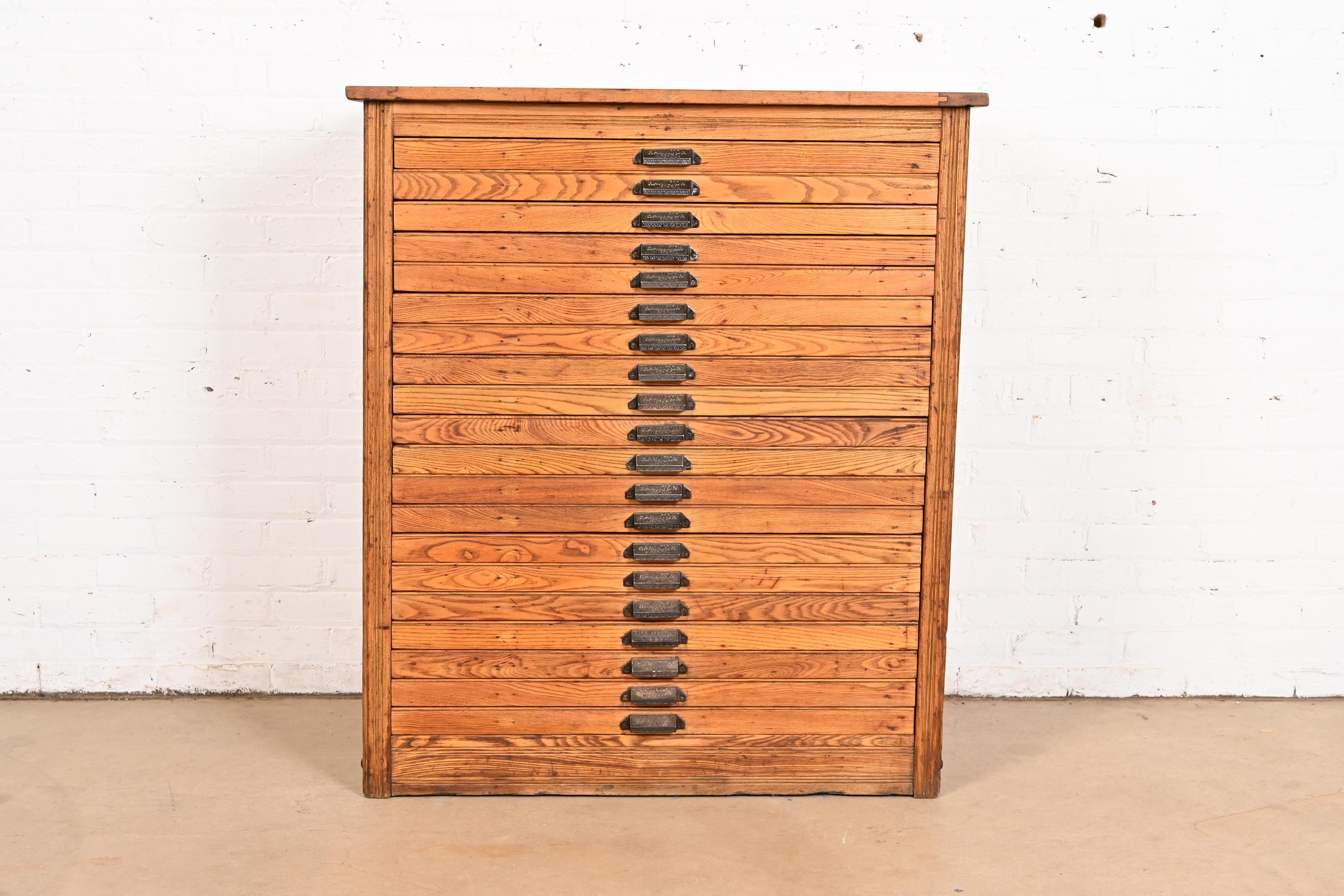 American Antique Oak 20-Drawer Architect's Blueprint Flat File Cabinet by Hamilton