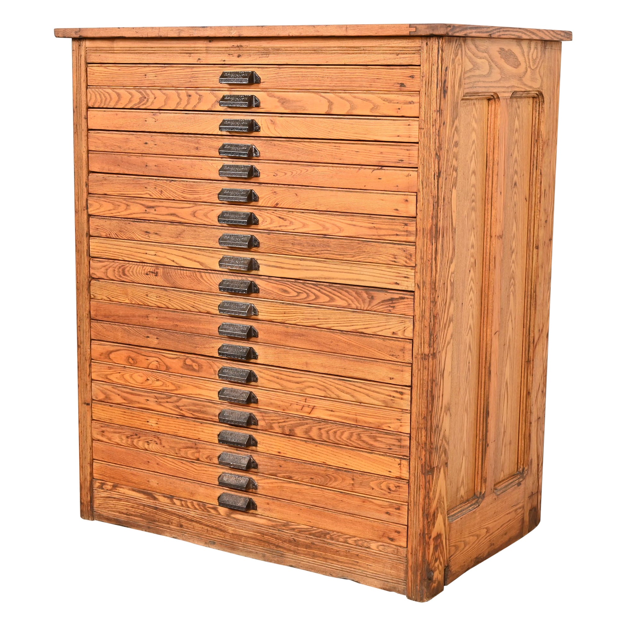 Antique Oak 20-Drawer Architect's Blueprint Flat File Cabinet by Hamilton