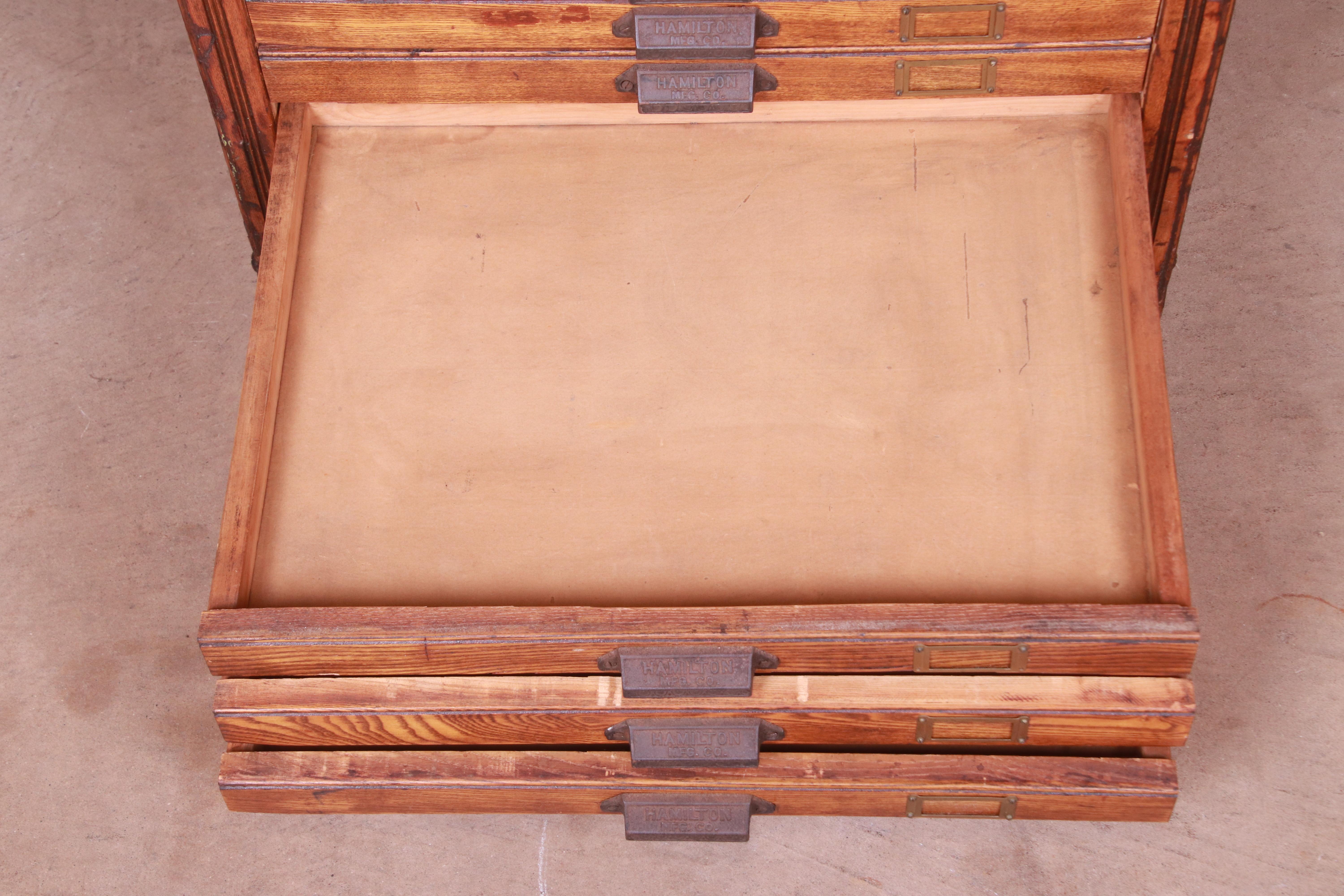 Brass Antique Oak 20-Drawer Blueprint Flat File Cabinet by Hamilton, Circa 1900