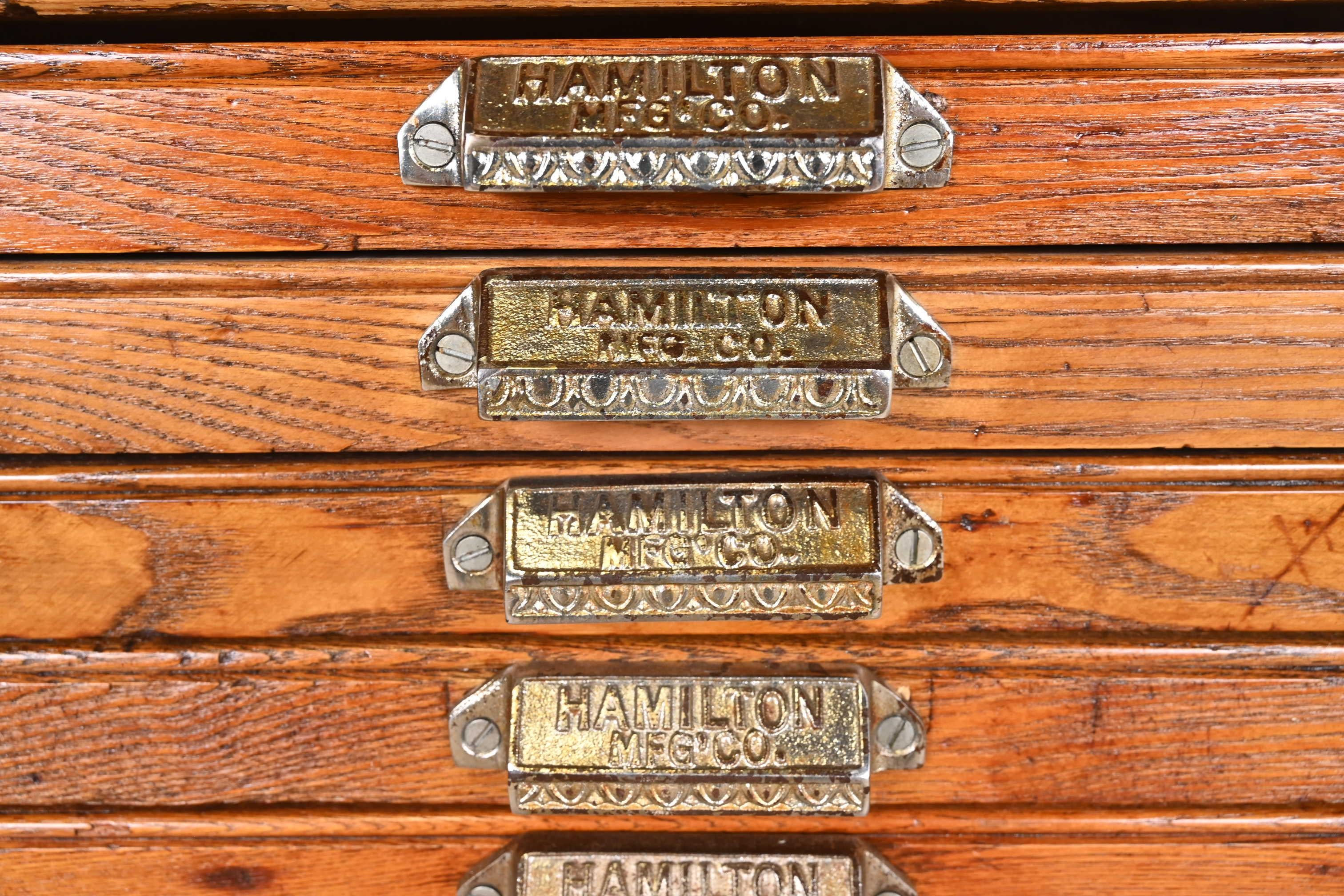 Iron Antique Oak 24-Drawer Architect's Blueprint Flat File Cabinet by Hamilton