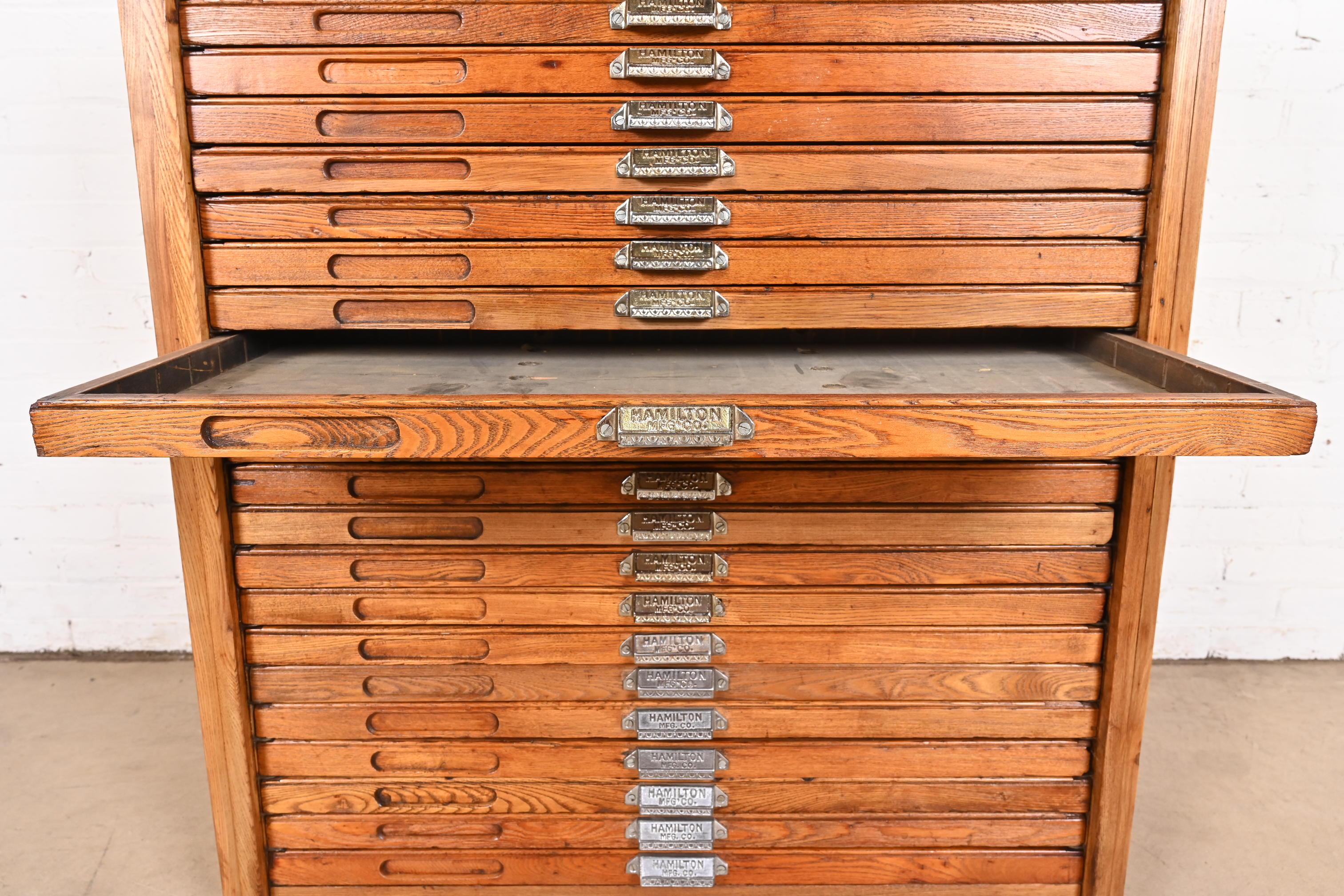 20th Century Antique Oak 24-Drawer Architect's Blueprint Flat File Cabinet by Hamilton