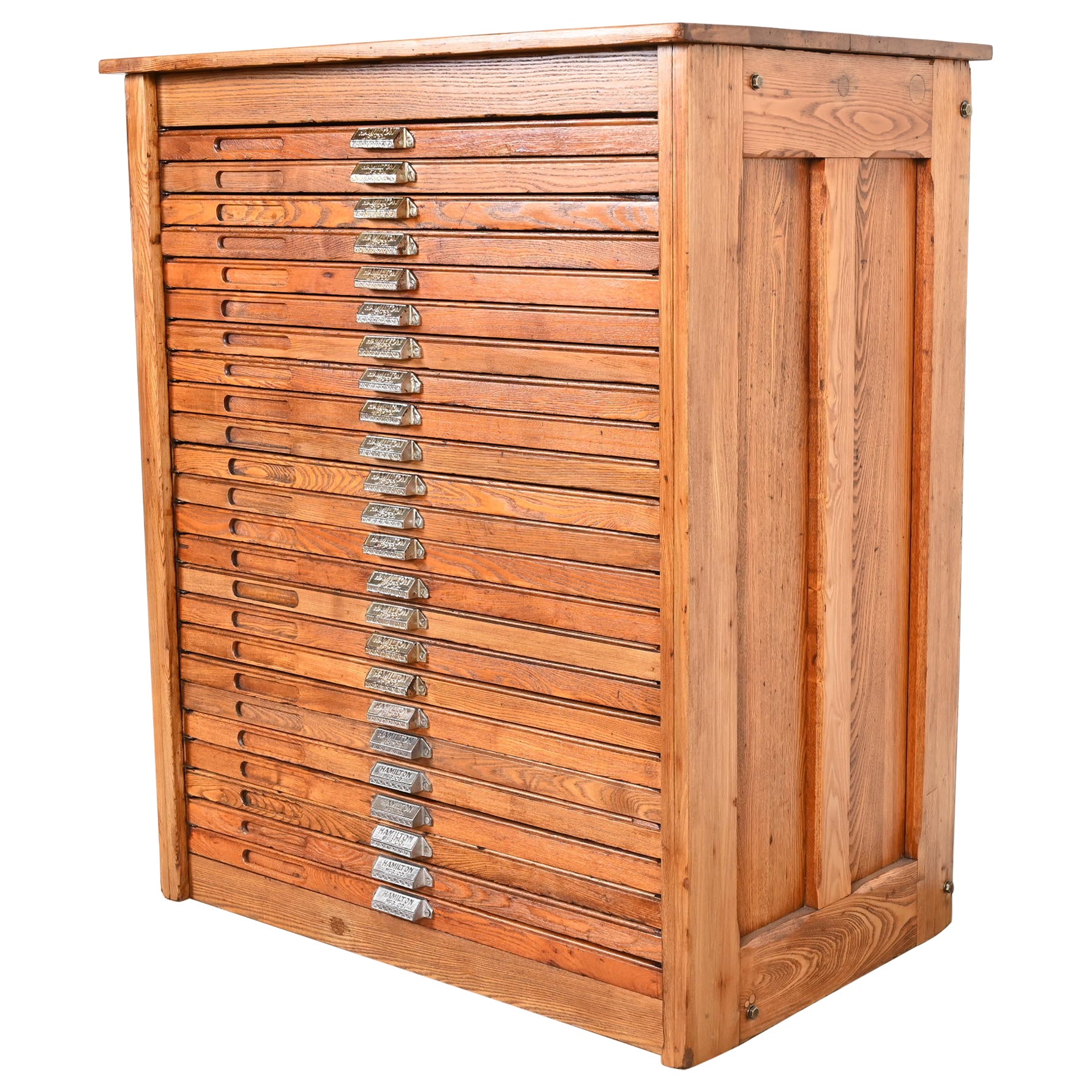 Antique Oak 24-Drawer Architect's Blueprint Flat File Cabinet by Hamilton