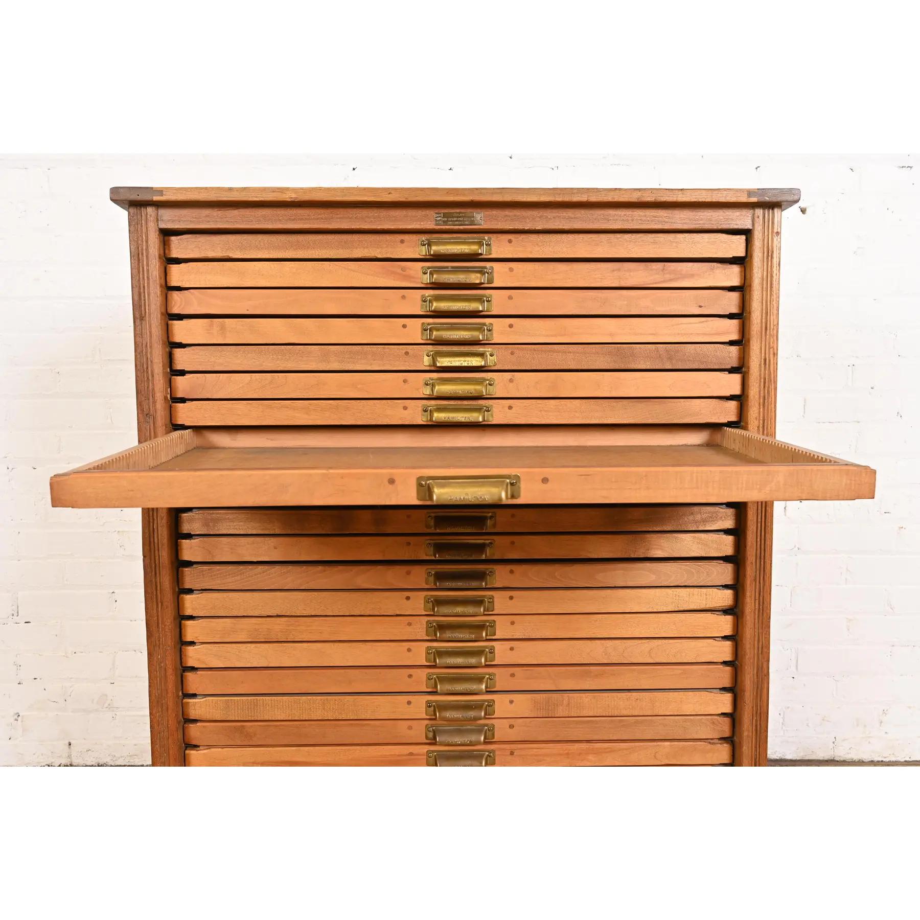 Brass Antique Oak 25-Drawer Architect's Blueprint Flat File Cabinet by Hamilton, 1900