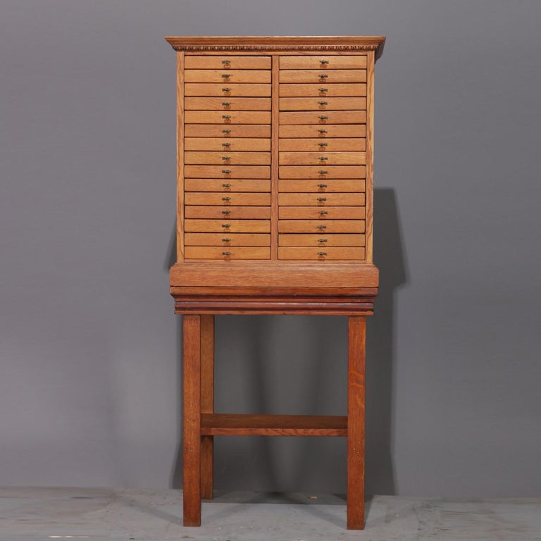 Antique Oak 32 Drawer Raised Wellington Type Specimen Cabinet