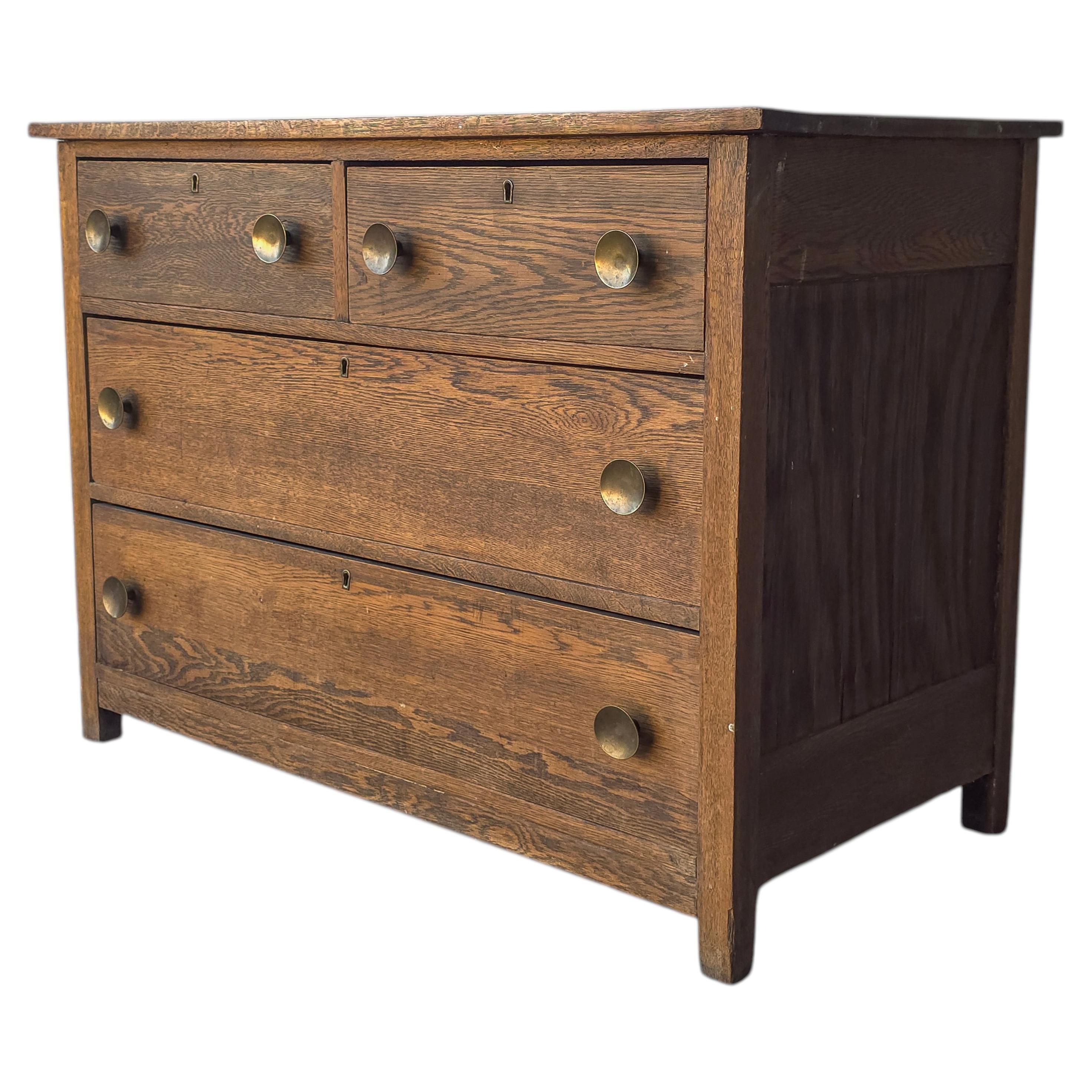 Antique Oak 4 Drawer Dresser Chest with Brass Pulls