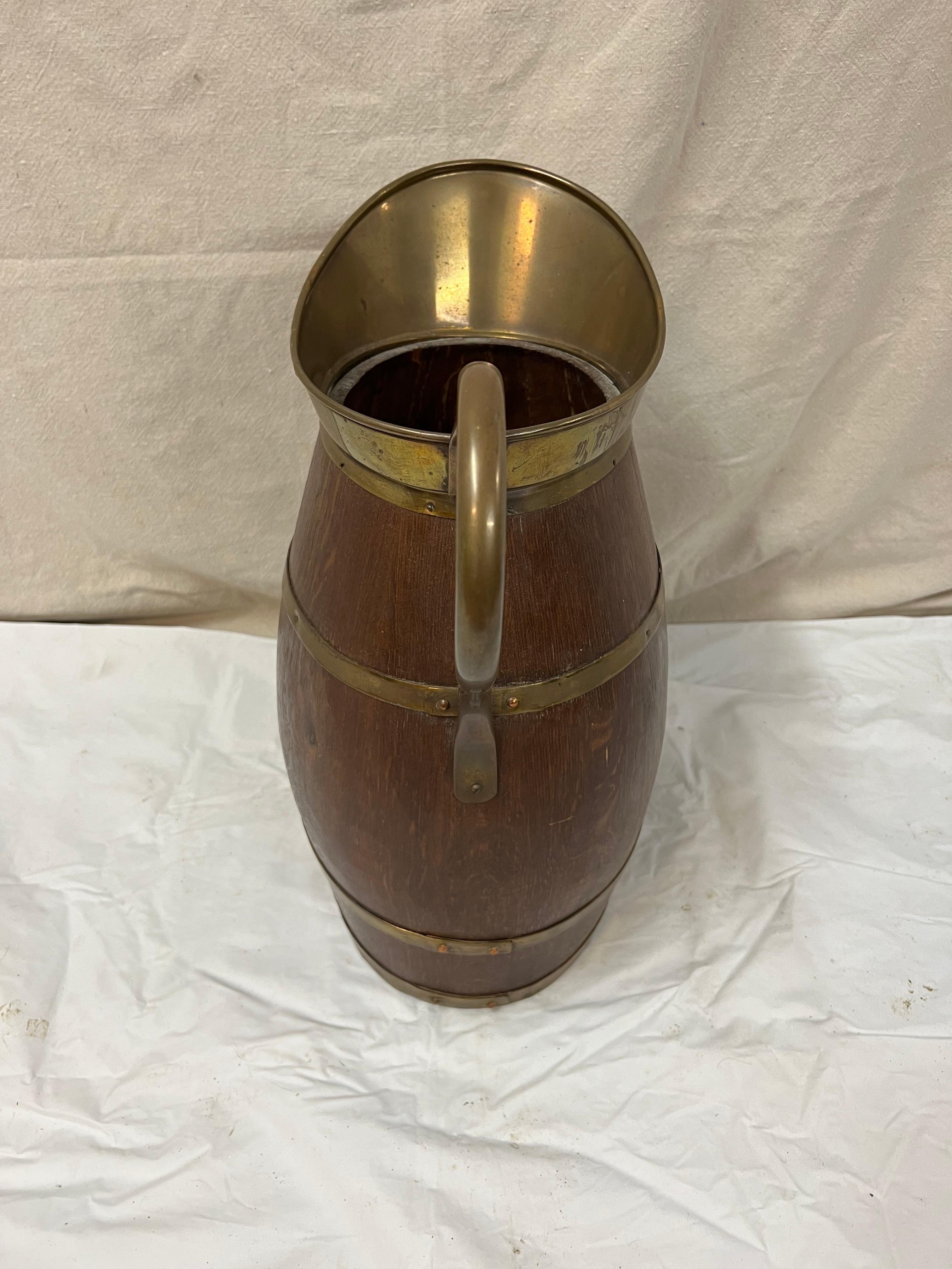 Arts and Crafts Antique Oak and Brass Barrell Pitcher or Umbrella Holder For Sale