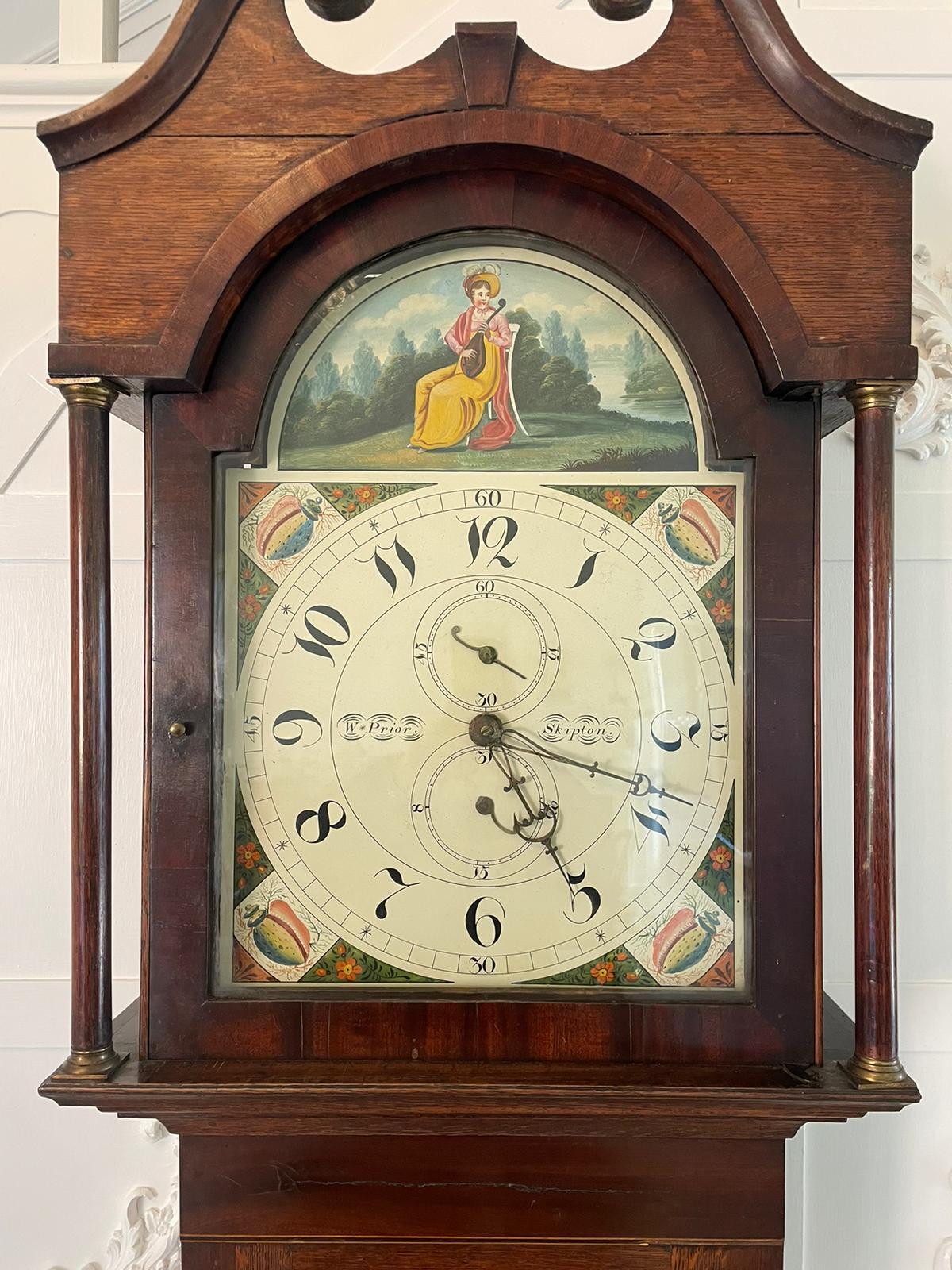 Horloge de grand-père ancienne en chêne et acajou par W Prior, Skipton en vente 1