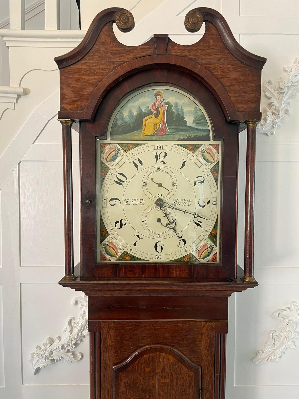 Horloge de grand-père ancienne en chêne et acajou par W Prior, Skipton en vente 2