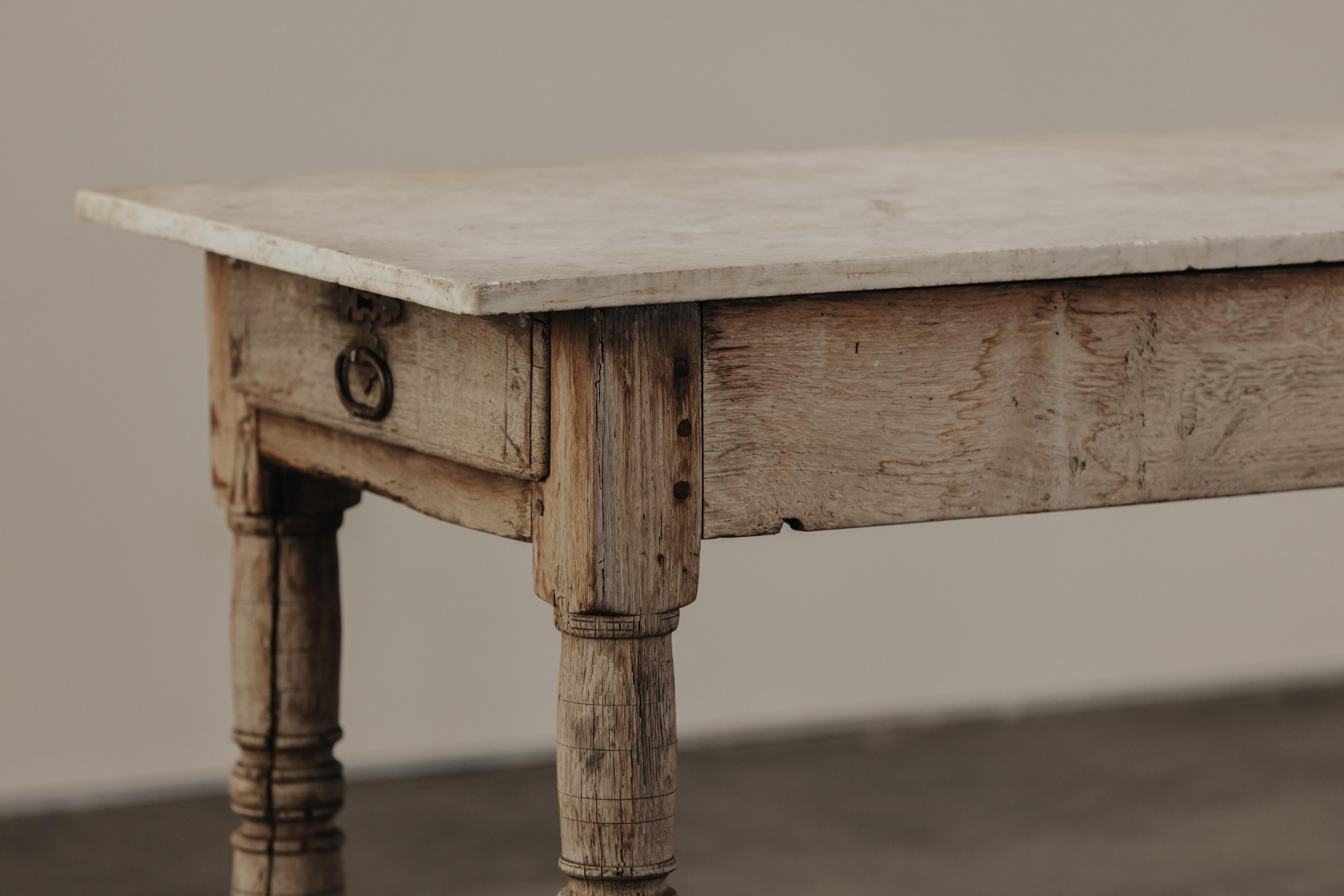 Antique Oak and Marble Console Table From France, Circa 1850.  Solid oak construction with a solid marble top.  Faux drawers with original hardware.  Nice patina and wear.