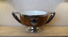 Antique Oak and Silver Plate Salad Bowl with Antler Handles