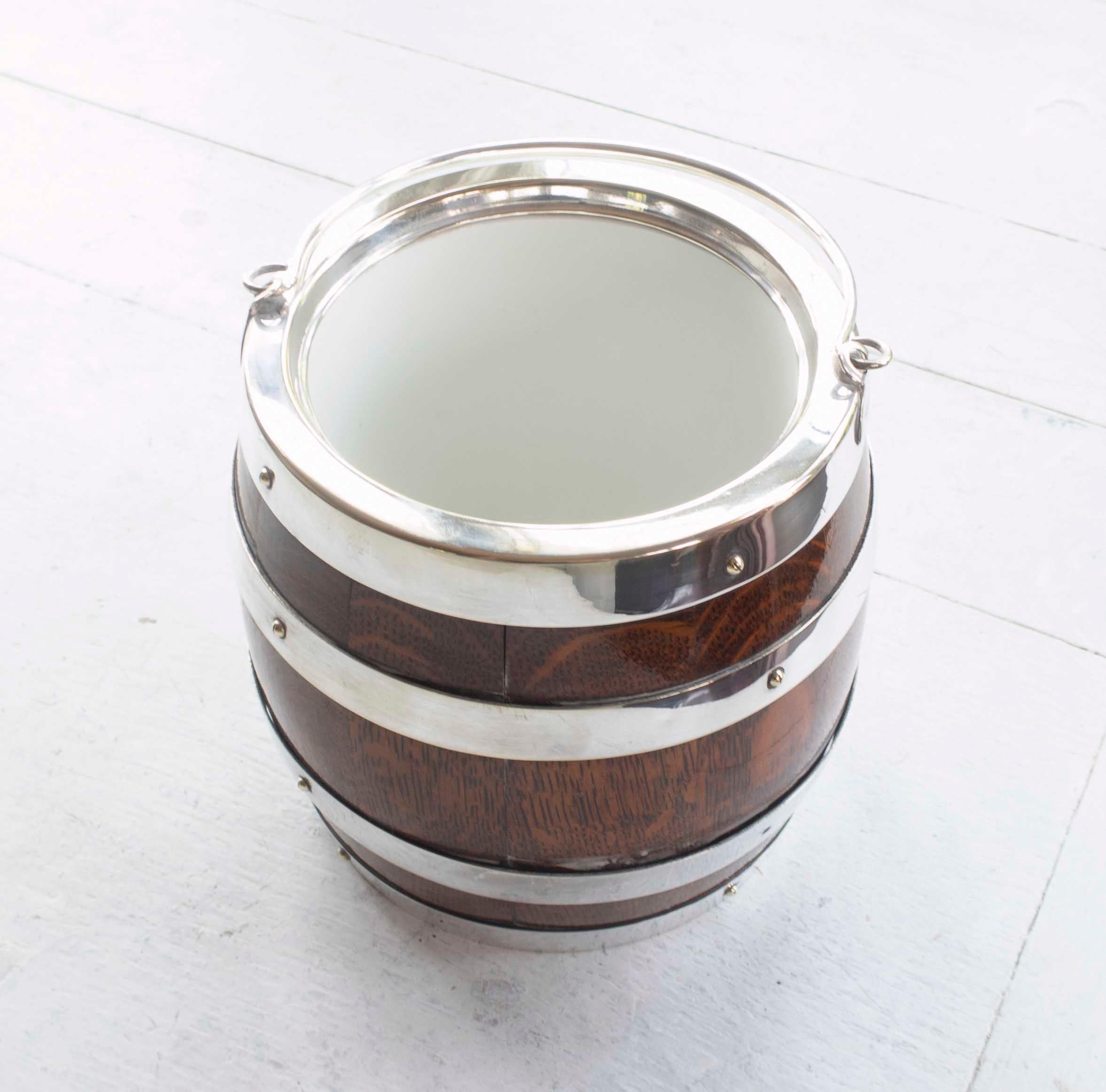 Edwardian Antique Oak And Silver Plated Biscuit Barrel, English, circa 1910