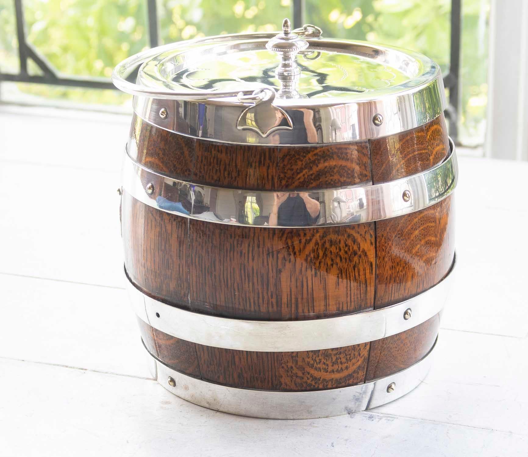 Early 20th Century Antique Oak And Silver Plated Biscuit Barrel, English, circa 1910