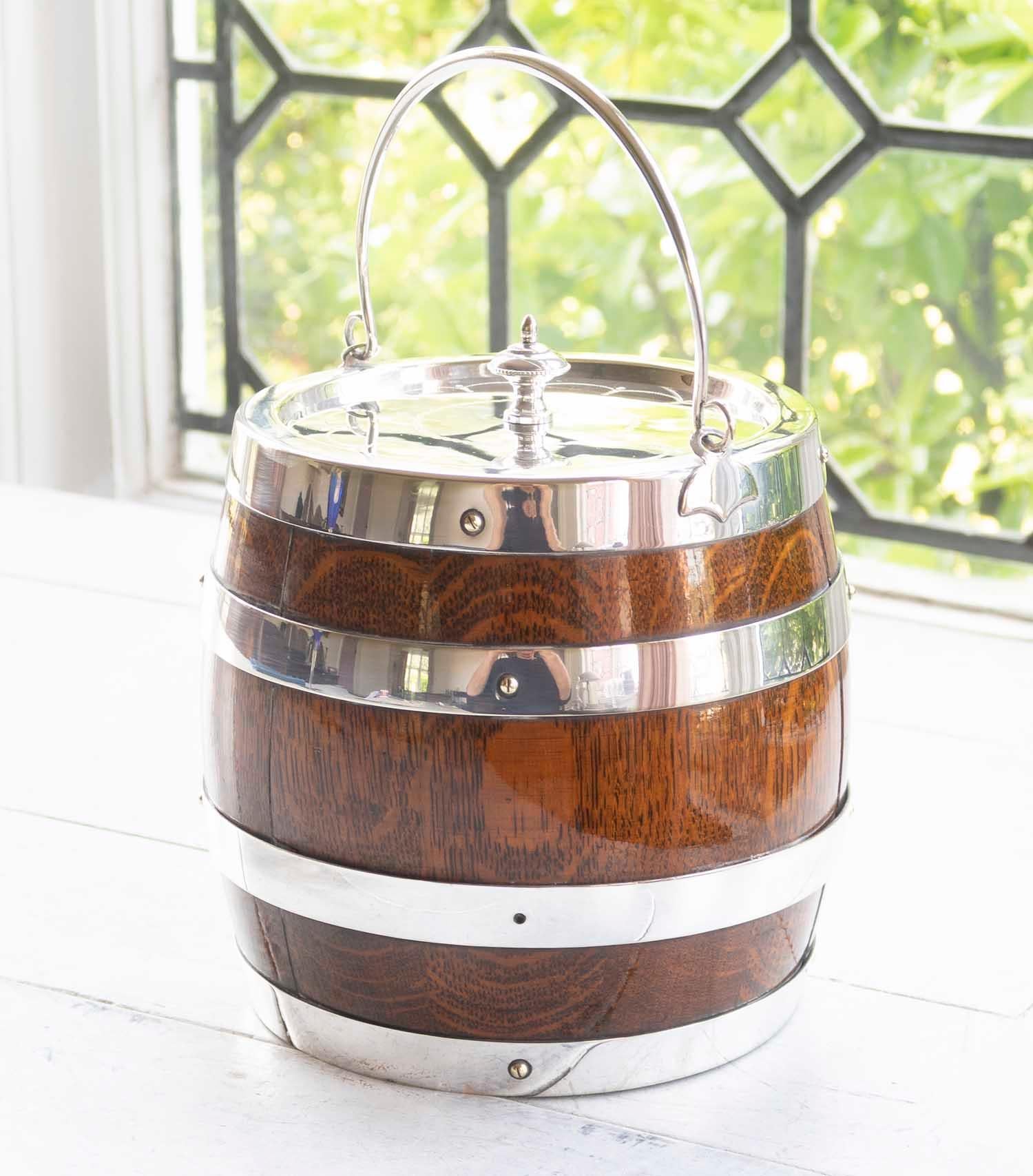 Sterling Silver Antique Oak And Silver Plated Biscuit Barrel, English, circa 1910