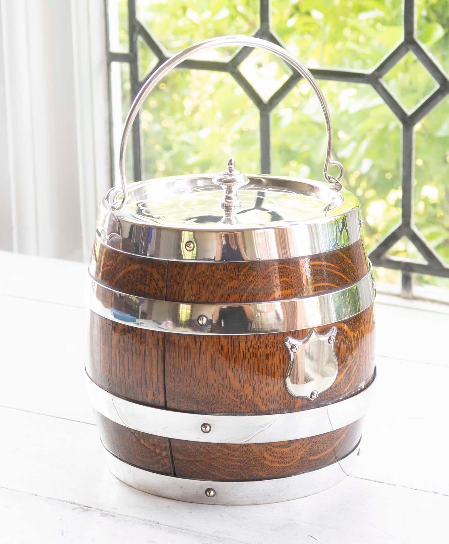 Antique Oak And Silver Plated Biscuit Barrel, English, circa 1910 1