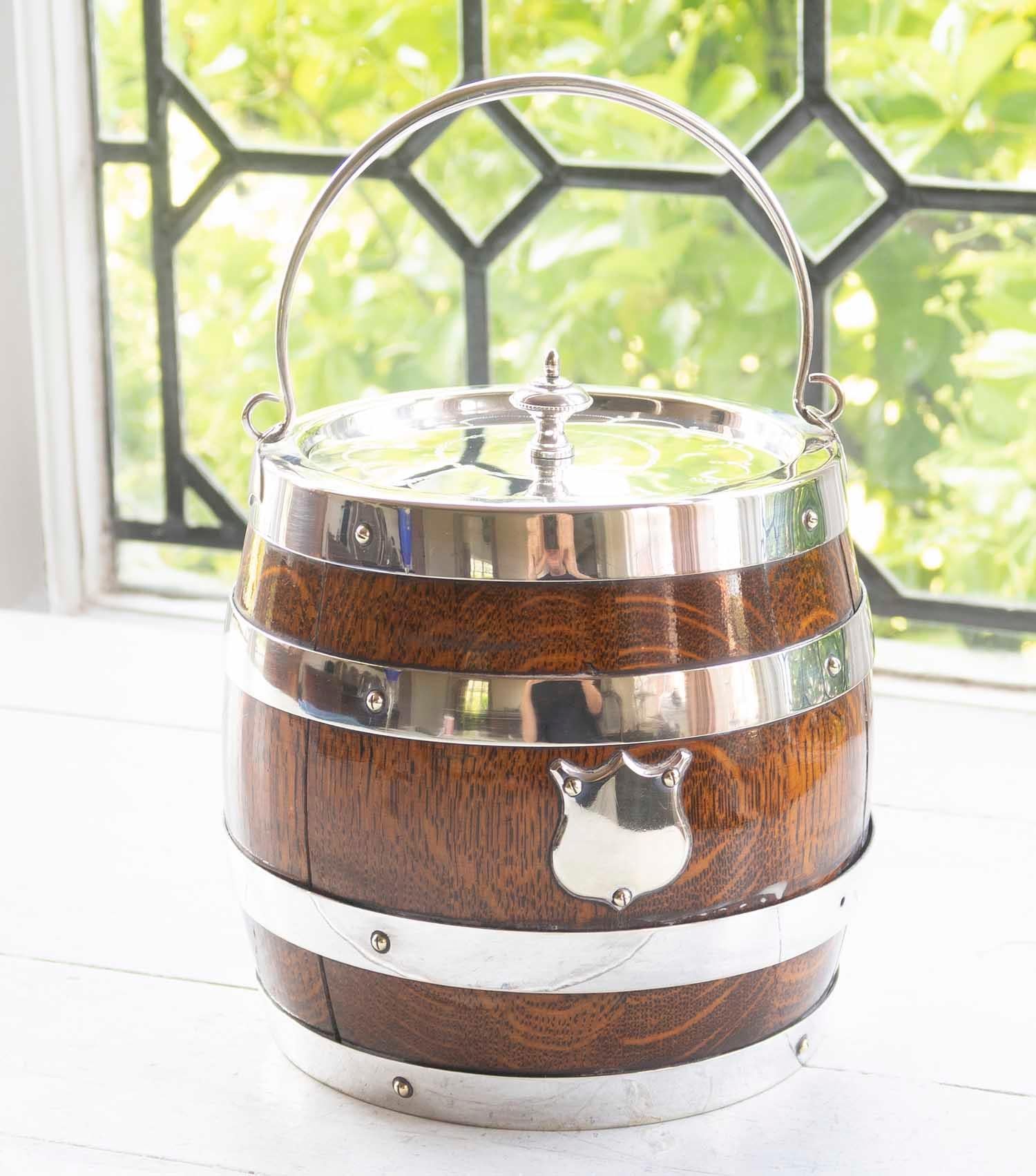 Antique Oak And Silver Plated Biscuit Barrel, English, circa 1910 2