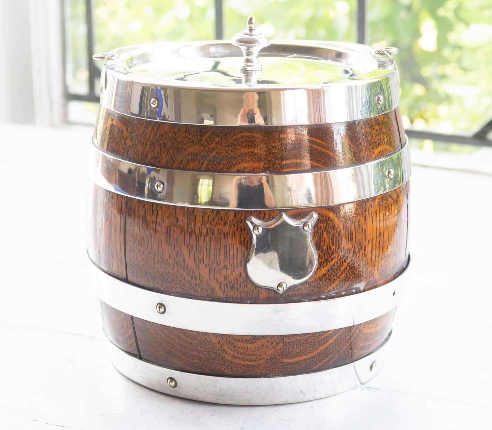 Antique Oak And Silver Plated Biscuit Barrel, English, circa 1910 3