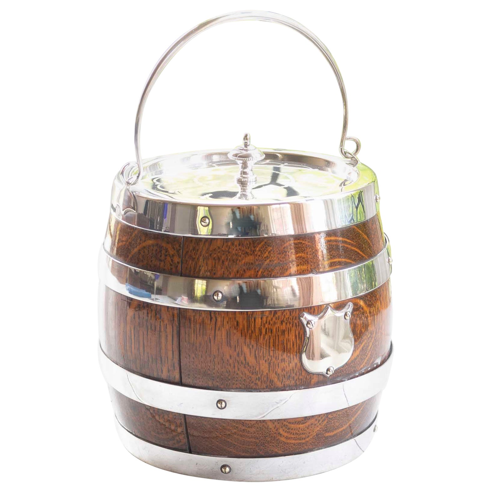 Antique Oak And Silver Plated Biscuit Barrel, English, circa 1910