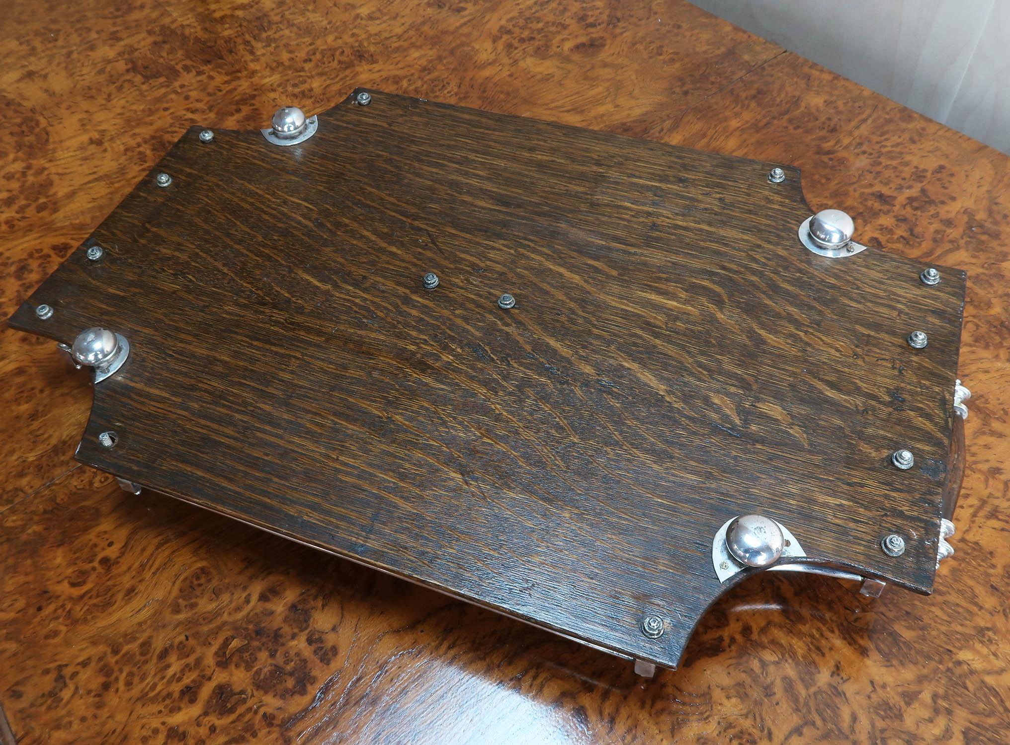 Antique Oak And Silver Plated Gallery Tray, English, circa 1910 In Good Condition For Sale In St Annes, Lancashire