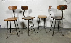 Antique Oak and Steel Industrial Factory Stools / Bar / Counter / Kitchen