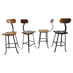 Antique Oak and Steel Industrial Factory Stools / Bar / Counter / Kitchen