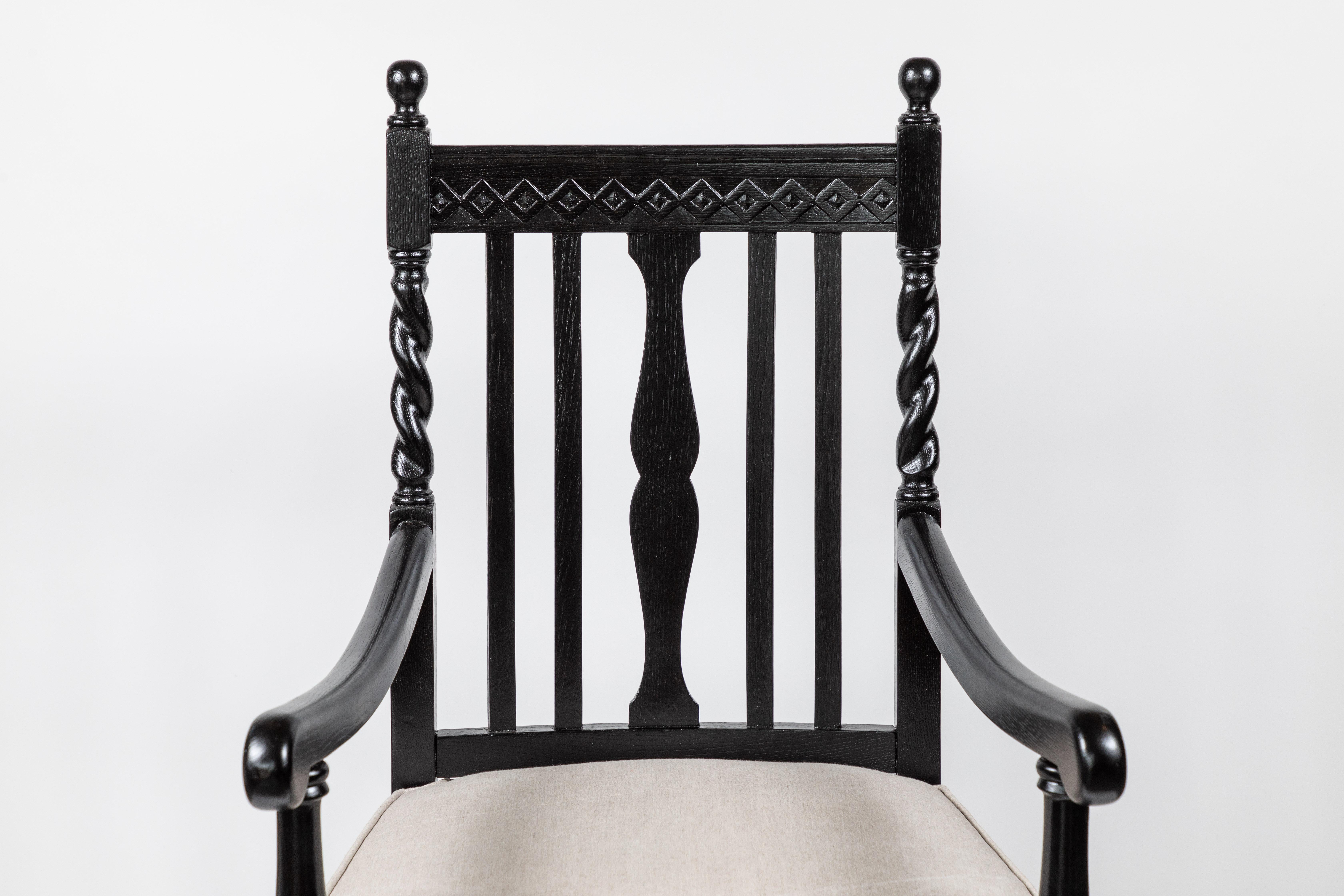 Lacquered Antique Oak Armchair with Slat Back and Turned Wood Details