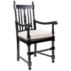 Antique Oak Armchair with Slat Back and Turned Wood Details
