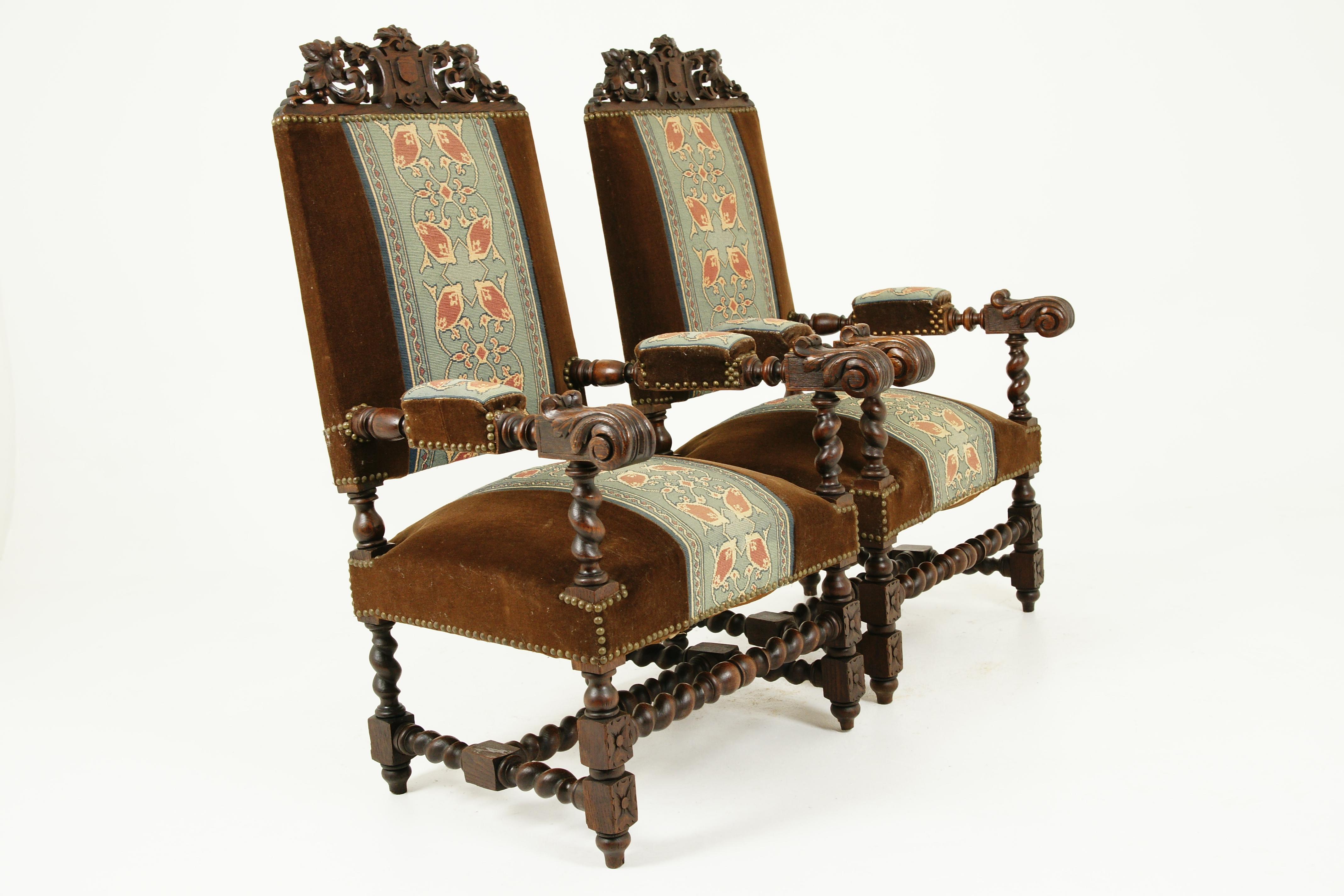 Antique Oak Arm Chairs, Barley Twist, Pair Of Thrones, Scotland 1870, H203 3