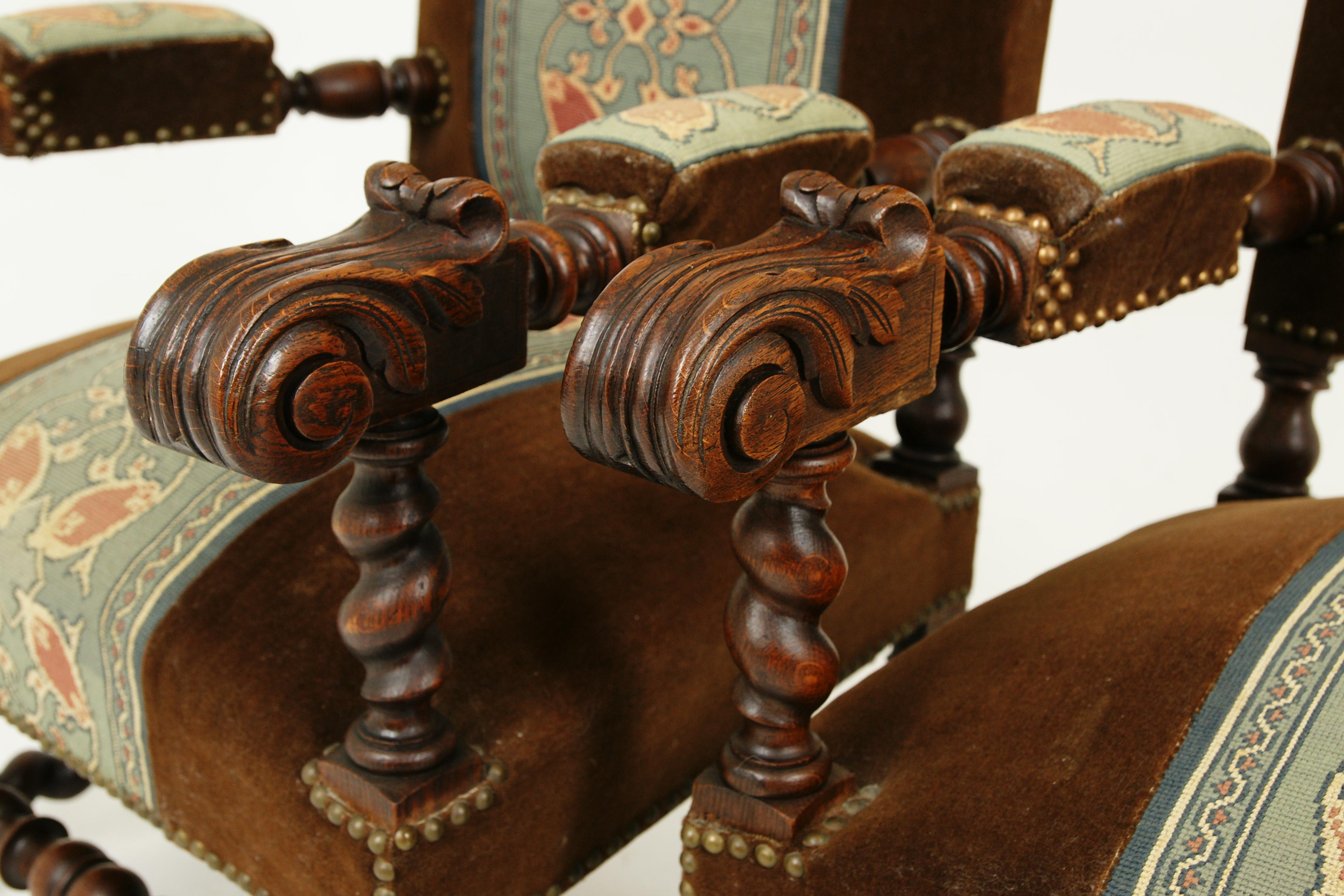 Scottish Antique Oak Arm Chairs, Barley Twist, Pair Of Thrones, Scotland 1870, H203