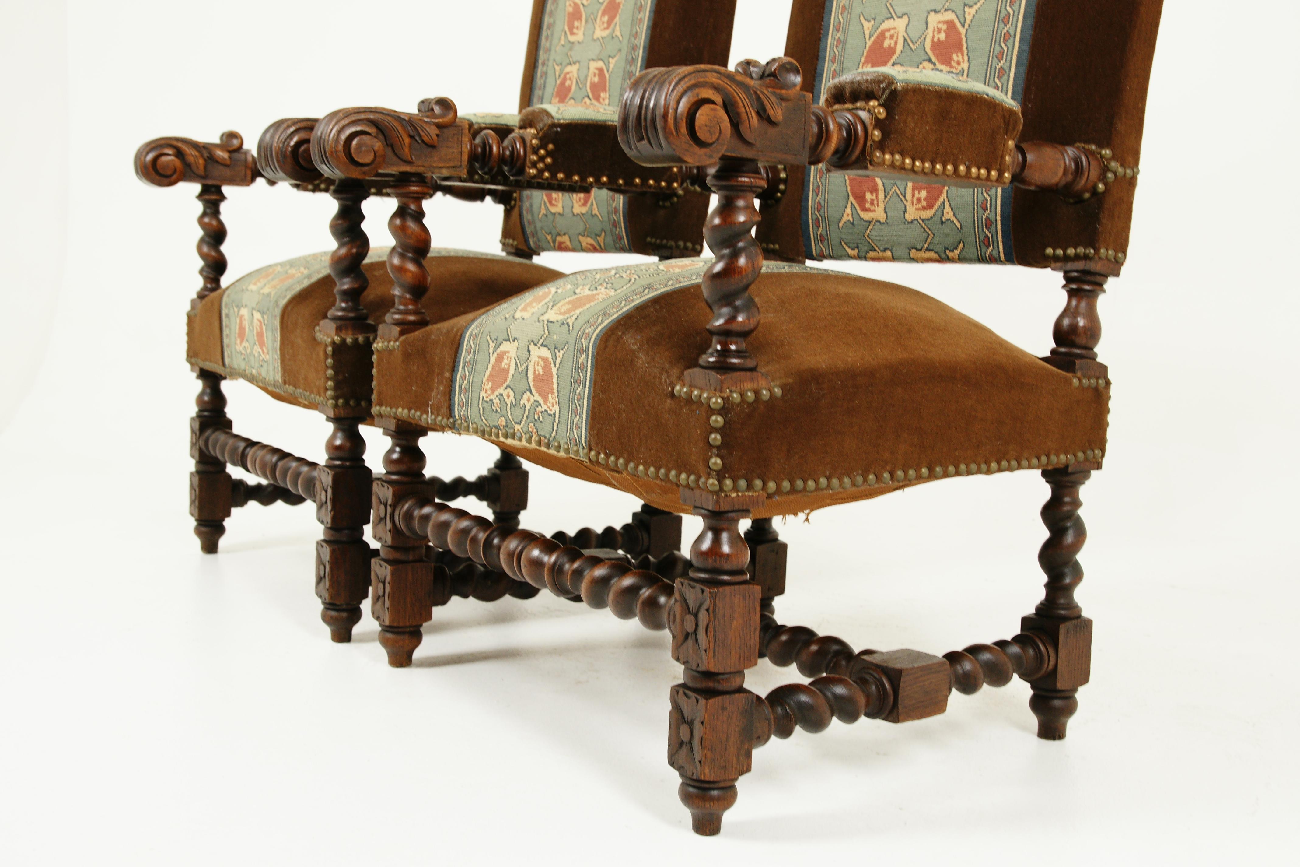 Hand-Crafted Antique Oak Arm Chairs, Barley Twist, Pair Of Thrones, Scotland 1870, H203