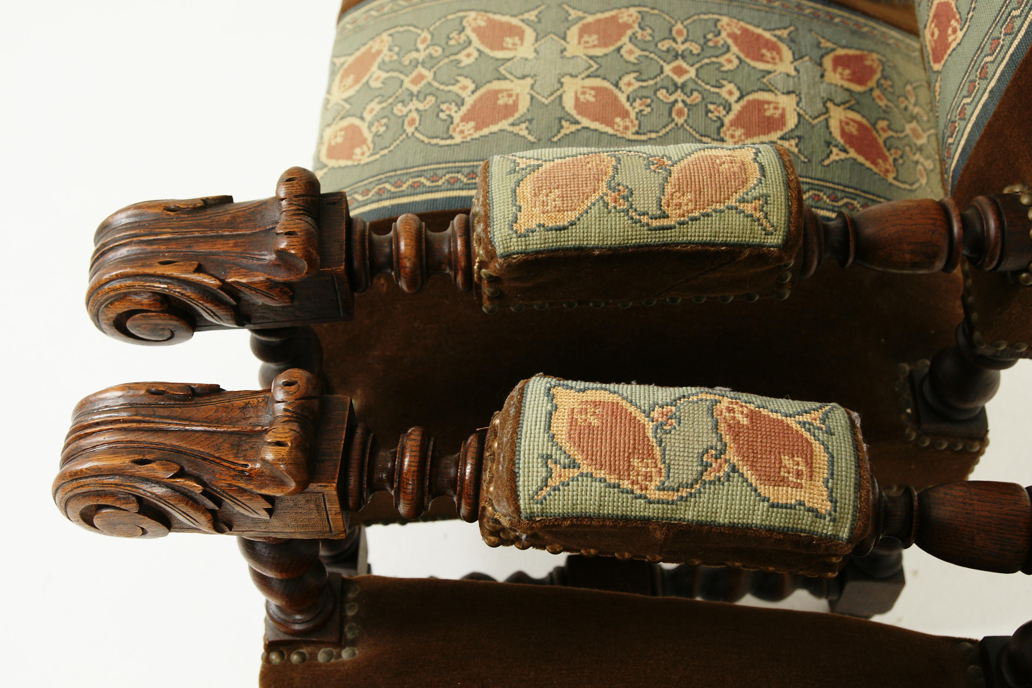 Late 19th Century Antique Oak Arm Chairs, Barley Twist, Pair Of Thrones, Scotland 1870, H203