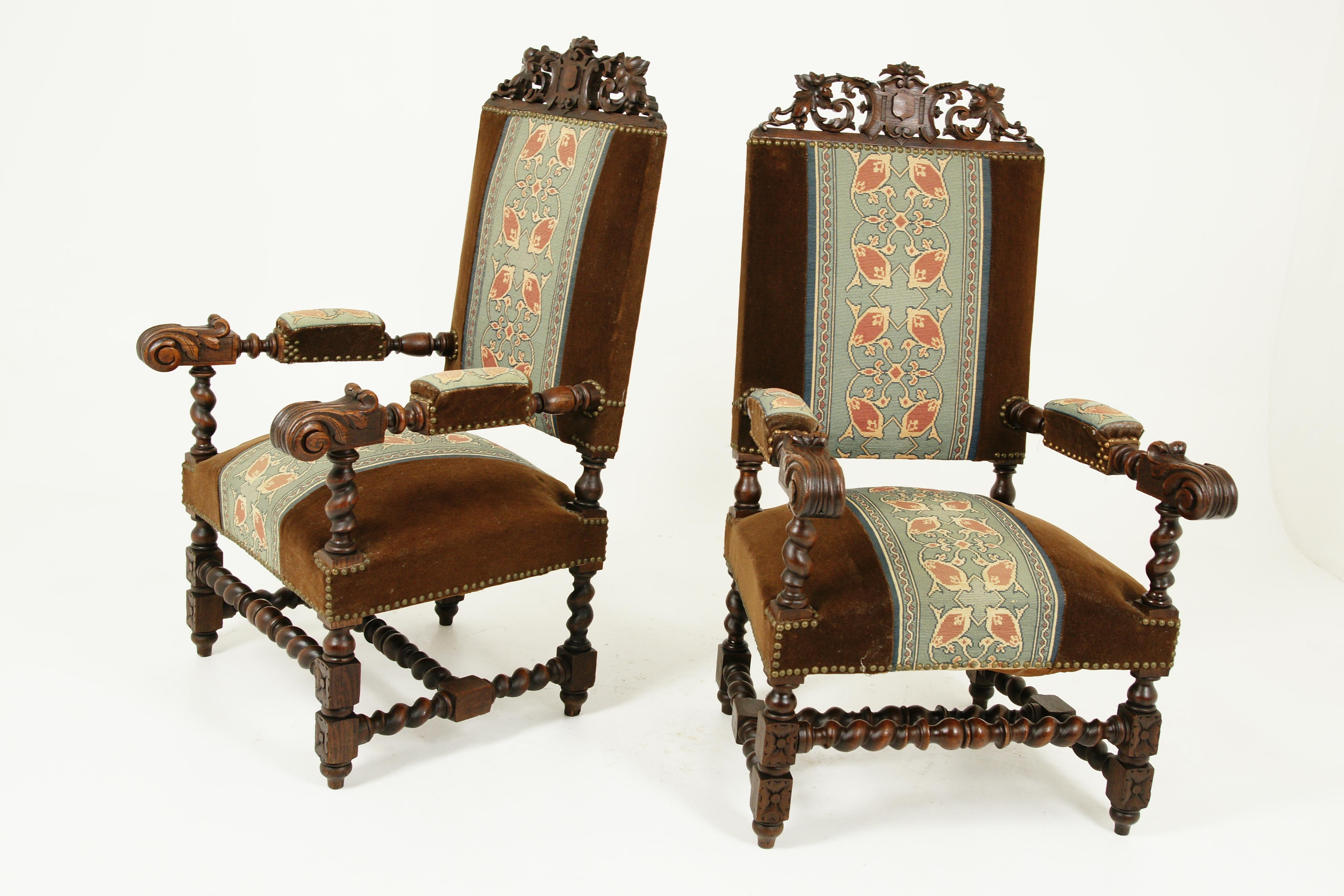 Antique Oak Arm Chairs, Barley Twist, Pair Of Thrones, Scotland 1870, H203 1