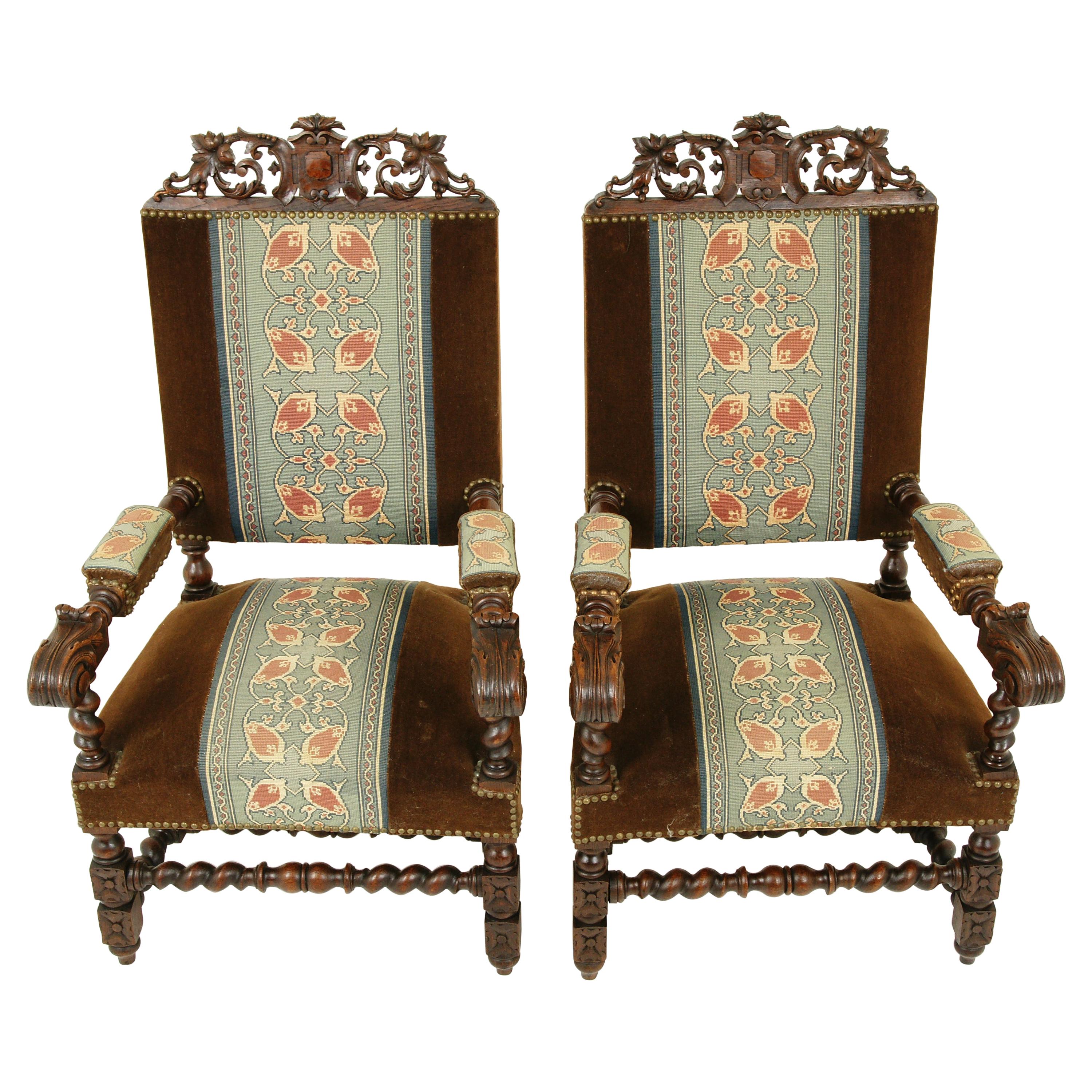 Antique Oak Arm Chairs, Barley Twist, Pair Of Thrones, Scotland 1870, H203