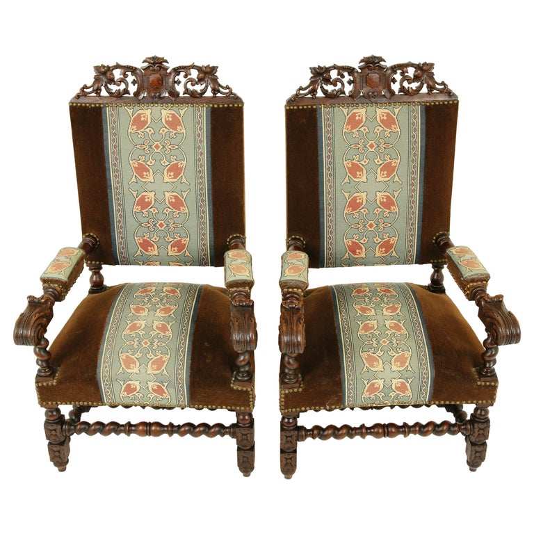 Antique Oak Arm Chairs, Barley Twist, Pair Of Thrones, Scotland 1870