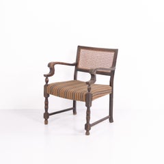 Antique Oak Armchair with Original Upholstery and Cane from the 1920s