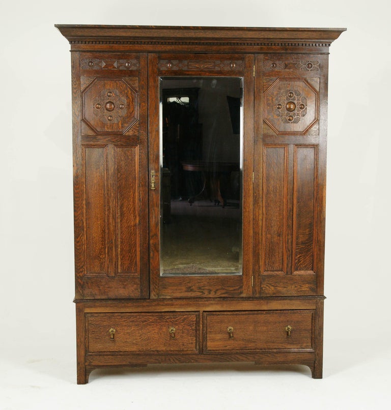 Antique Oak Armoire, Antique Wardrobe, Jacobean Revival Armoire