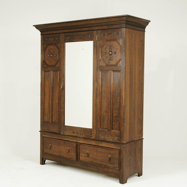 Antique Oak Armoire, Antique Wardrobe, Jacobean Revival Armoire