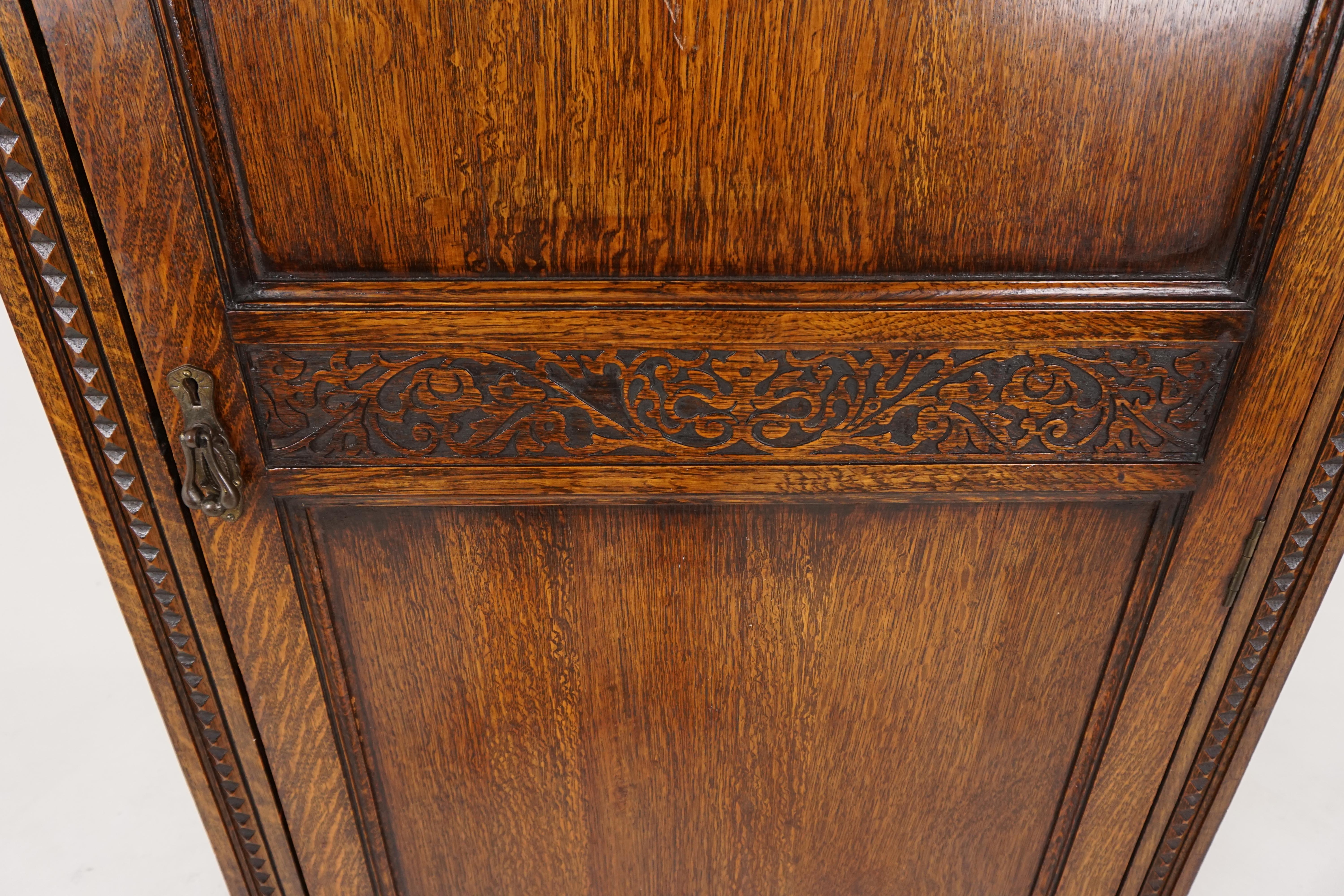 Scottish Antique Oak Armoire, Tiger Oak Jacobean Revival Closet, Scotland 1910, B2015