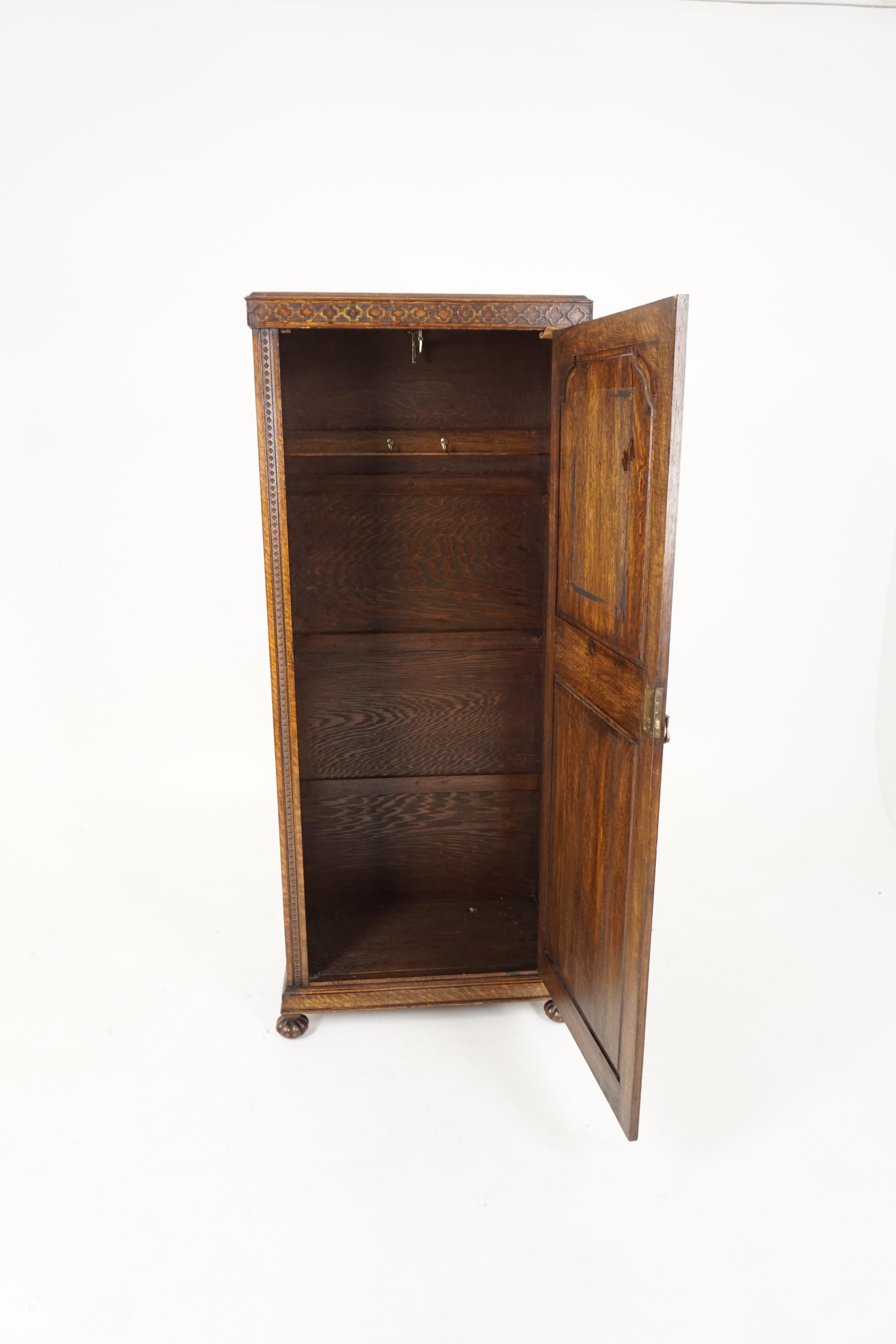 Antique Oak Armoire, Tiger Oak Jacobean Revival Closet, Scotland 1910, B2015 In Good Condition In Vancouver, BC