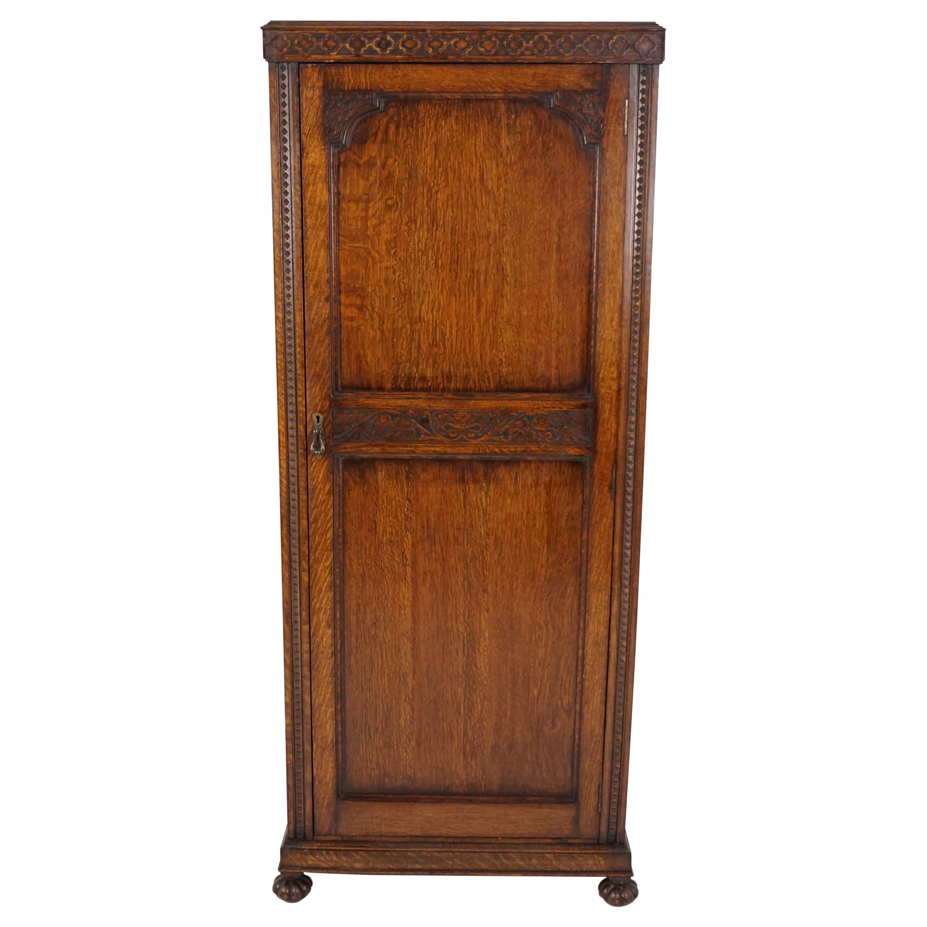 Antique Oak Armoire, Tiger Oak Jacobean Revival Closet, Scotland 1910, B2015