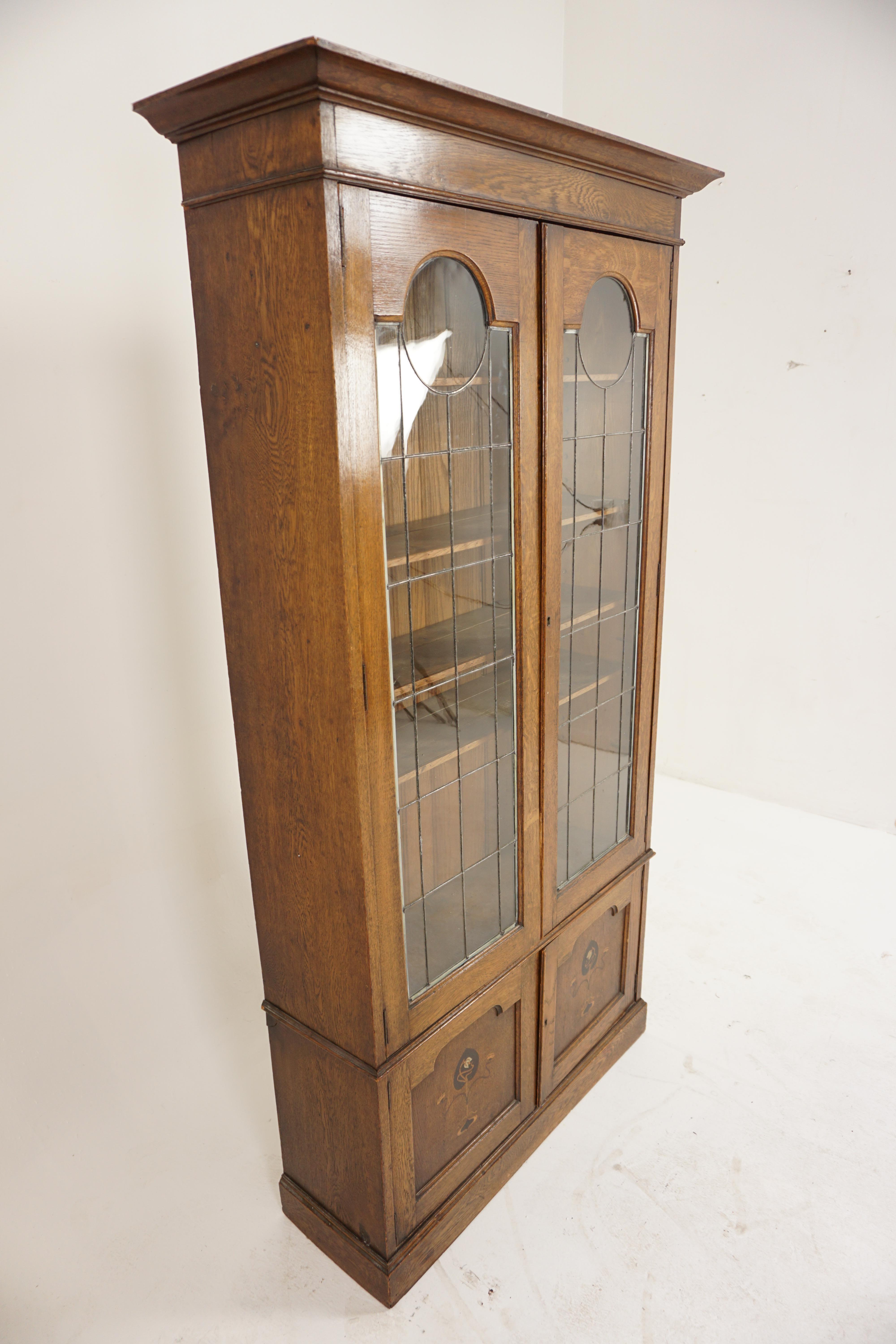Scottish Antique Oak Art Nouveau, Arts Crafts Leaded Glass Bookcase, Scotland 1900, H1163 For Sale